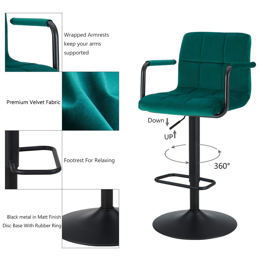 DUHOME Modern Swivel Adjustable Bar Stools Set of 2 - Velvet Upholstered Counter Height Stools with Hydraulic Lift for Home Bar, Kitchen Island & Dining Room - Contemporary Teal Barstools for Restaurant & Cafe Decor