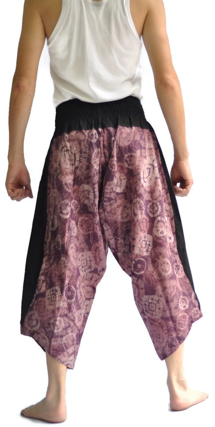 Thai Fisherman Pants - Black & Violet Floral Design, Comfortable Cotton Harem Pants for Yoga, Meditation, Beach & Boho Fashion