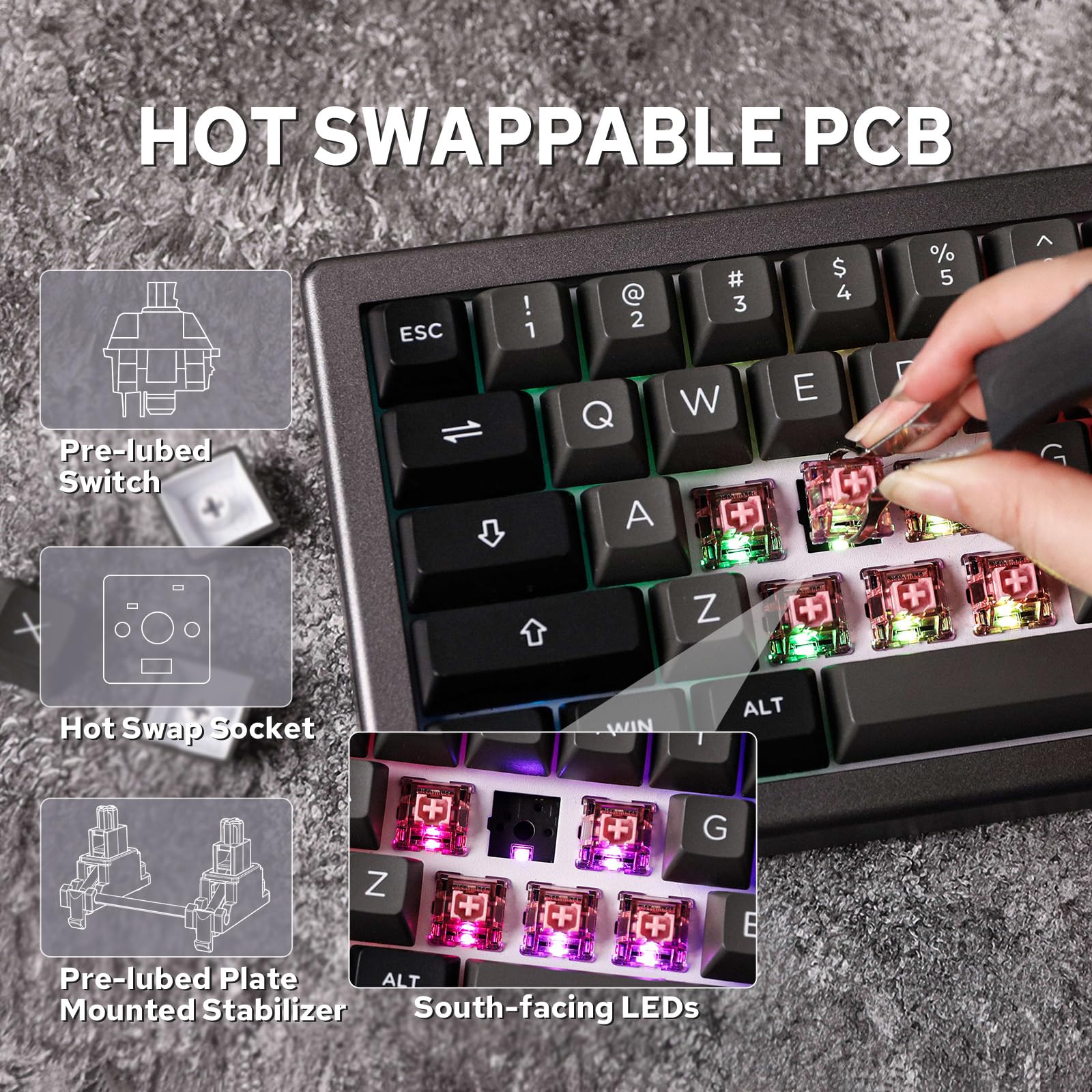 EPOMAKER EK68 65% Wireless Mechanical Gaming Keyboard - Hot Swappable Gasket Mount, Bluetooth 5.0/2.4Ghz/USB-C Wired, Customizable Metal Knob (Black Silver, Budgerigar Switch) - Perfect for Esports, Office Work & Typing Enthusiasts