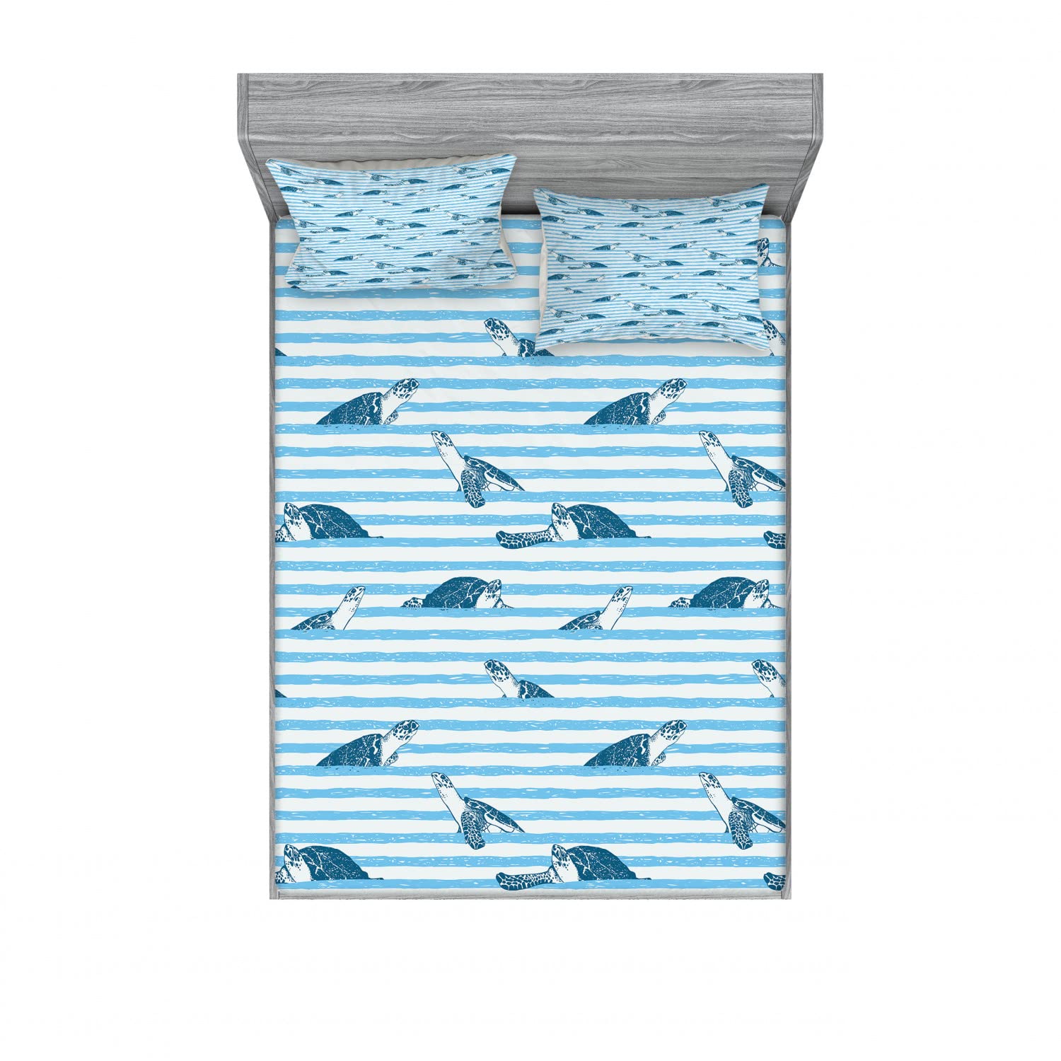 Ambesonne 2-Pack Queen Size Fitted Sheet Set with 4 Pillow Shams - Turtle Blue & Navy Striped Aquatic Design Bedding Collection | Soft & Breathable for Comfortable Sleep | Perfect for Guest Rooms, Vacation Homes & Coastal Themed Bedrooms