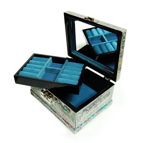 Mother of Pearl Asian Lacquered Wooden Jewelry Box with Long Life Emblem Design - Handcrafted Treasure Chest for Necklace, Ring & Keepsake Storage - Perfect Gift for Women, Wedding & Home Decor