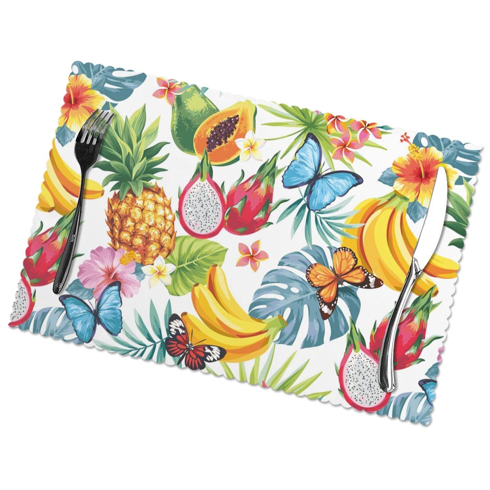 6-Pack Tropical Floral Placemats with Pineapple, Dragon Fruit & Butterfly Design - Non-Slip Washable Table Mats 12x18 Inch for Dining Table & Kitchen Decor | Perfect for Summer Parties, Beach-Themed Dinners & Tropical Home Styling