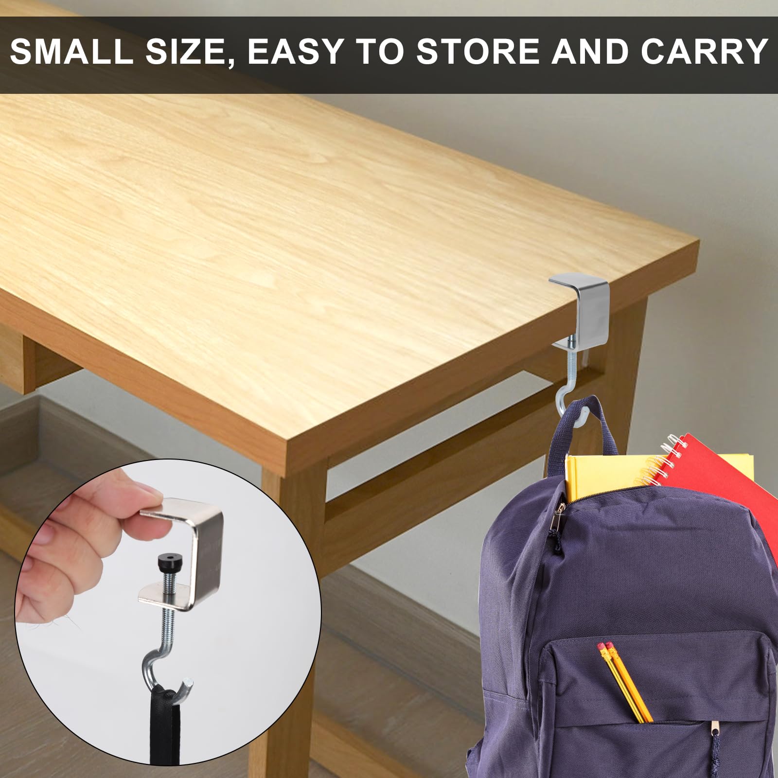 4-Pack Adjustable Metal Desk Mount Bag Holder Hook - Under Table Purse Hanger Clip, Headphones Holder & Organizer for Women & Girls - Perfect for Office, Home, Car & Travel to Reduce Clutter