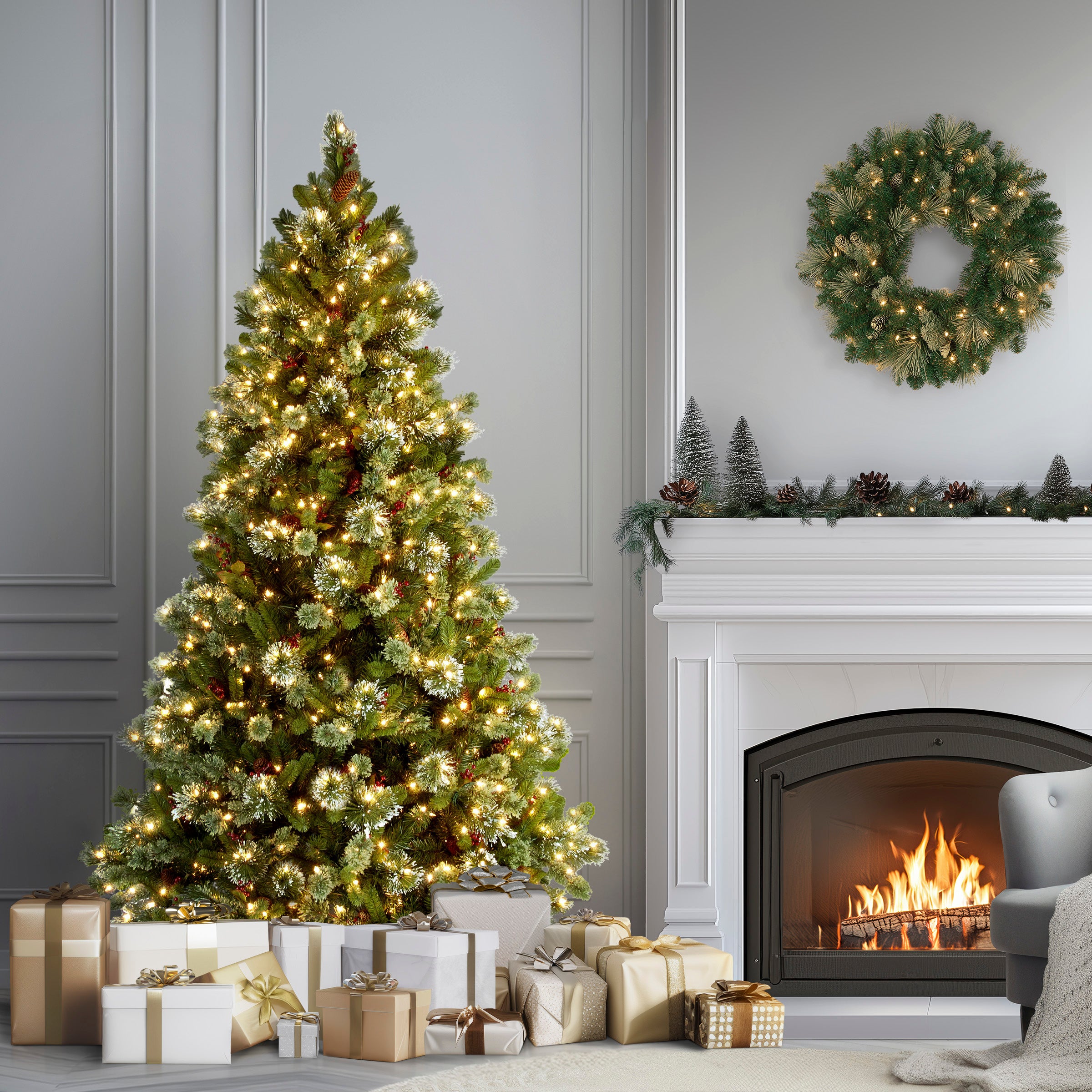 7.5 ft Pre-Lit Wintry Pine Artificial Christmas Tree with Clear LED Lights - Perfect for Holiday Home Decor, Office & Party Decoration