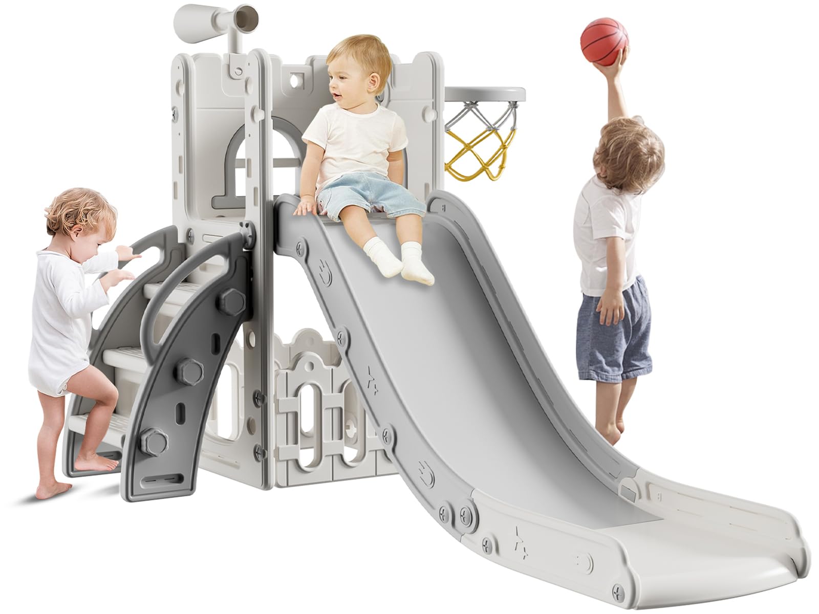 Best Toddler Slide for Kids 1-3 Years - Indoor/Outdoor Playset with Storage & Non-Slip Steps - Safe Baby Slide for Boys & Girls (White Gray) - Perfect for Backyard, Playroom & Birthday Gifts