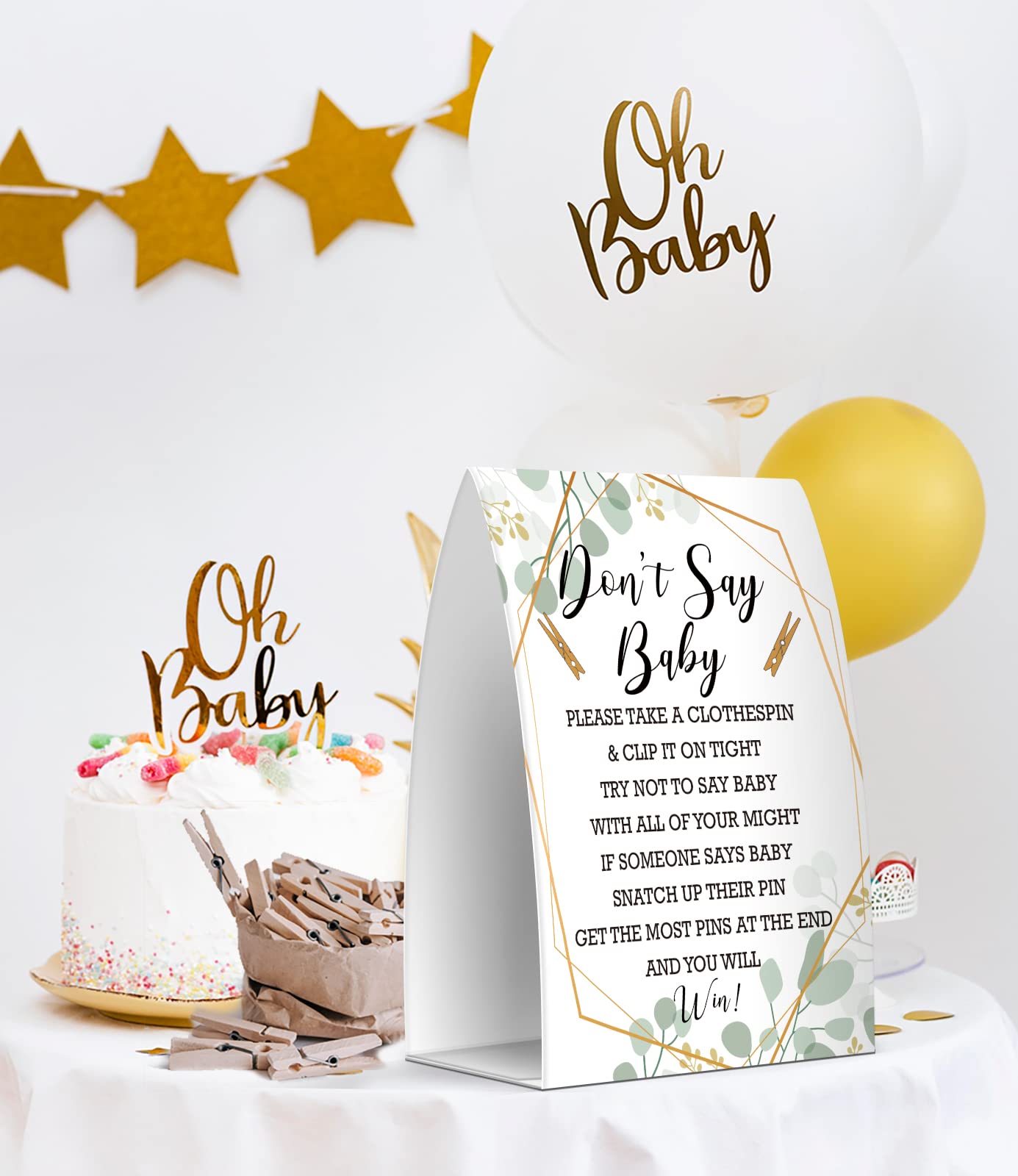 Gender Neutral Baby Shower Game Set - 5x7 Don't Say Baby Sign & 50 Mini Clothespins for Baby Shower Decorations & Party Games - Perfect for Baby Reveal Parties & Gender Neutral Celebrations