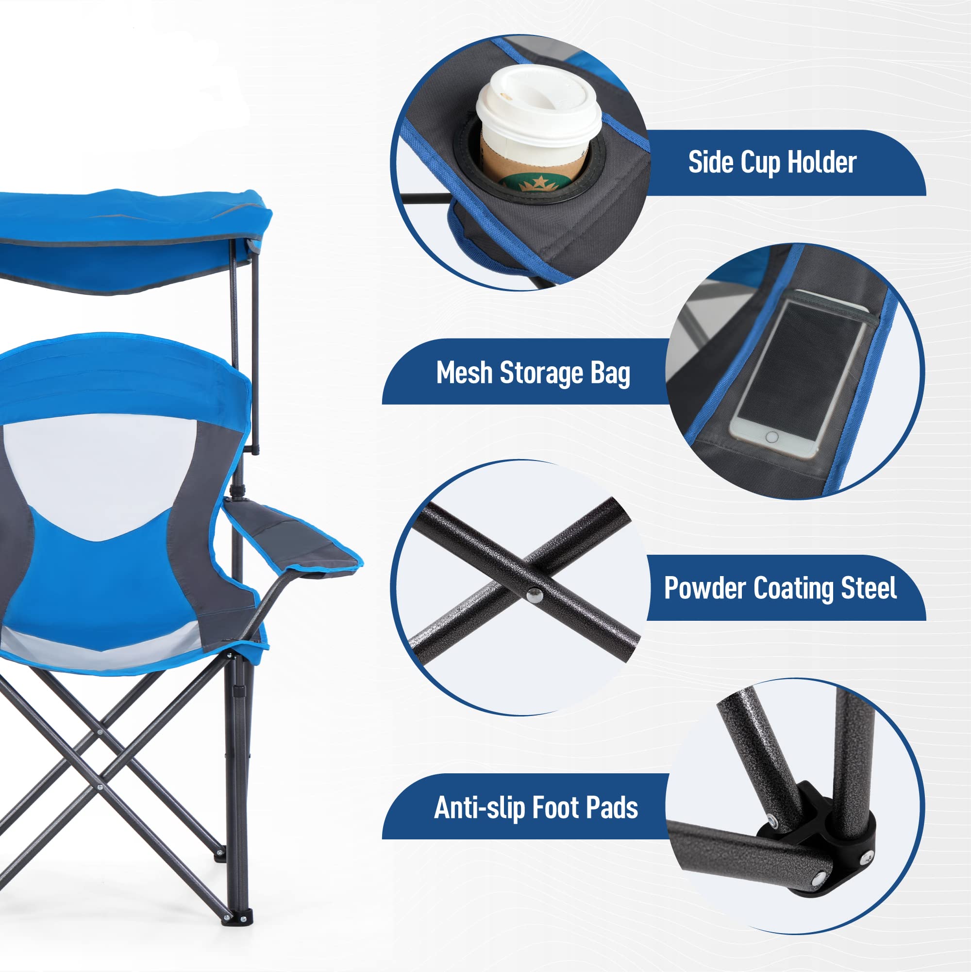 ALPHA CAMP Heavy Duty Folding Camping Chair with Shade Canopy - 300 LBS Capacity, Cup Holder & Carry Bag Included - Perfect for Outdoor Camping, Hiking, Beach Trips & Backyard BBQs - Royal Blue