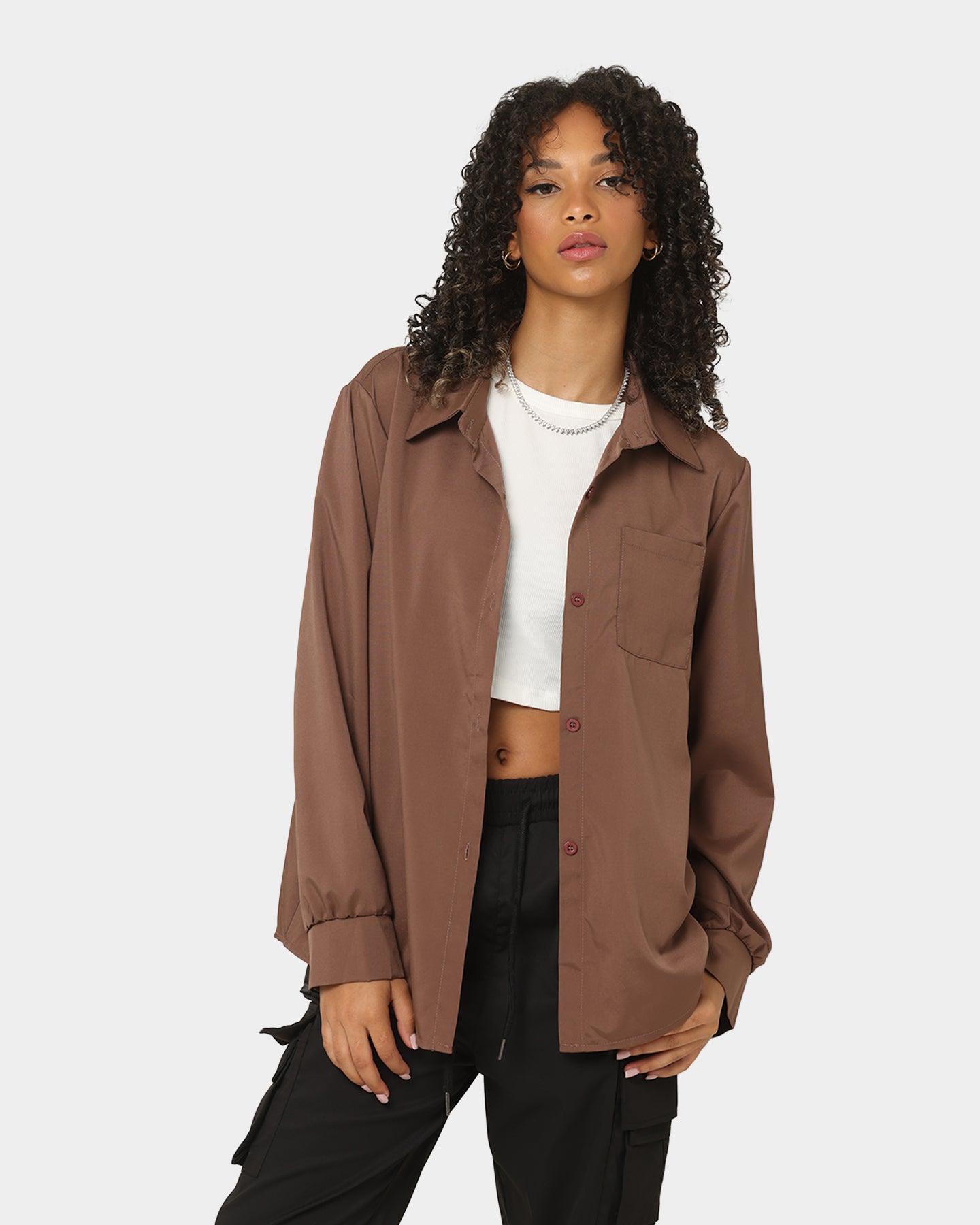 Adidas Women's Modica Button-Up Shirt - Casual Brown Long Sleeve Blouse for Work & Everyday Wear | Perfect for Office, Outings & Layering