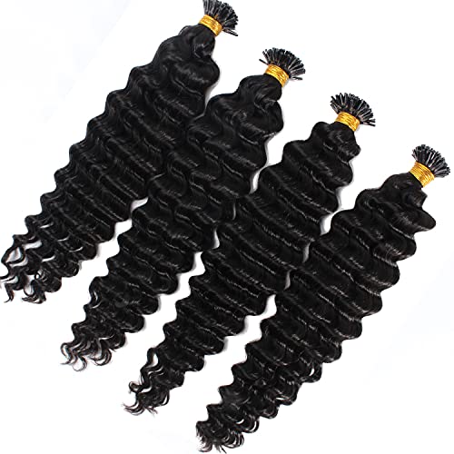 Brazilian Remy Human Hair Extensions - 100g 16inch Deep Wave Curly I-Tip Hair with Keratin Bonds (100 Strands, Dark Brown) for Natural Volume & Styling | Perfect for Weddings, Parties & Daily Wear