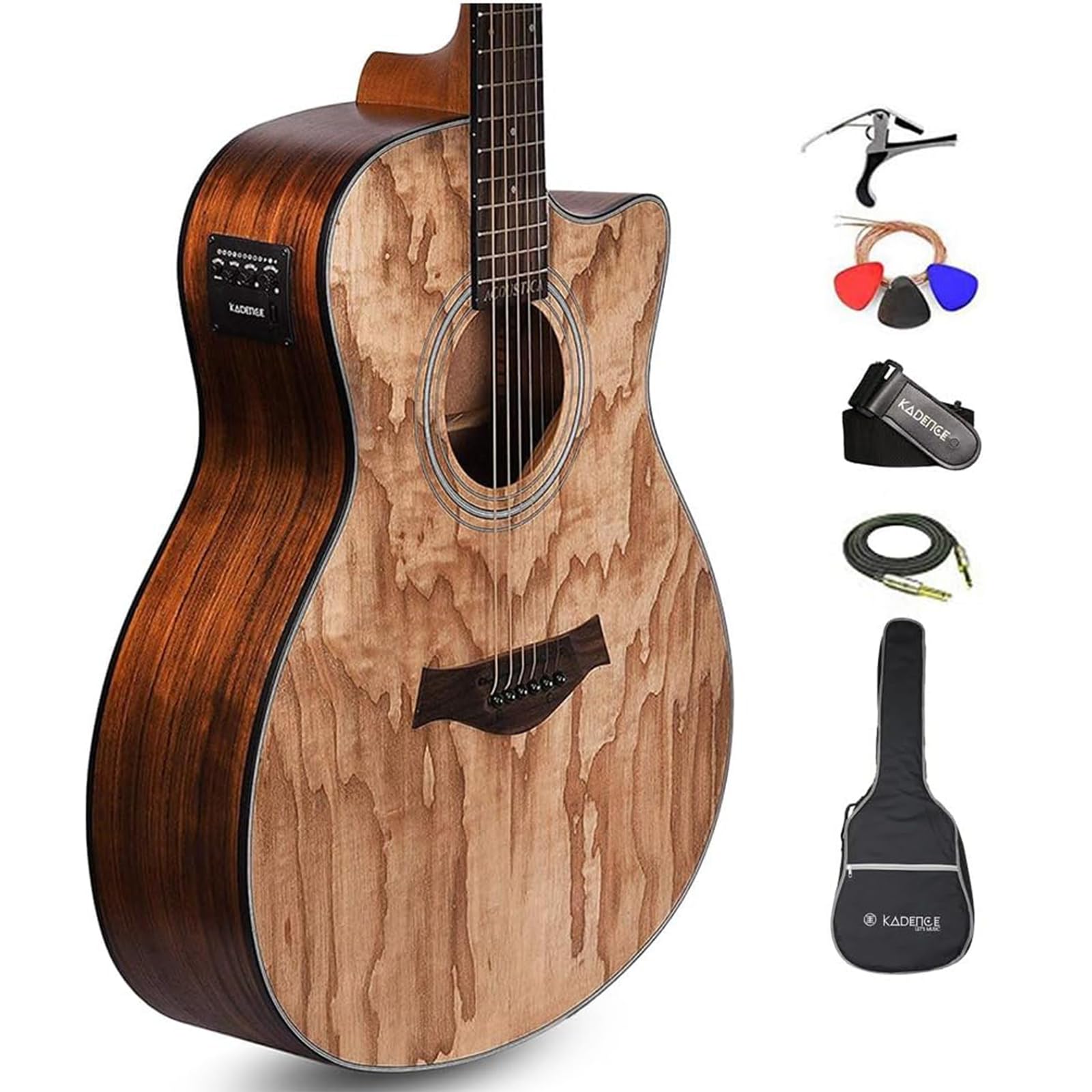 Kadence Electric Acoustic Guitar (Ash Wood) - Semi Acoustic Guitar with Built-in Pickup, Tuner, Capo, Strings, Picks, Strap & Gig Bag - Perfect for Beginners & Professionals - Ideal for Live Performances, Studio Recording & Home Practice
