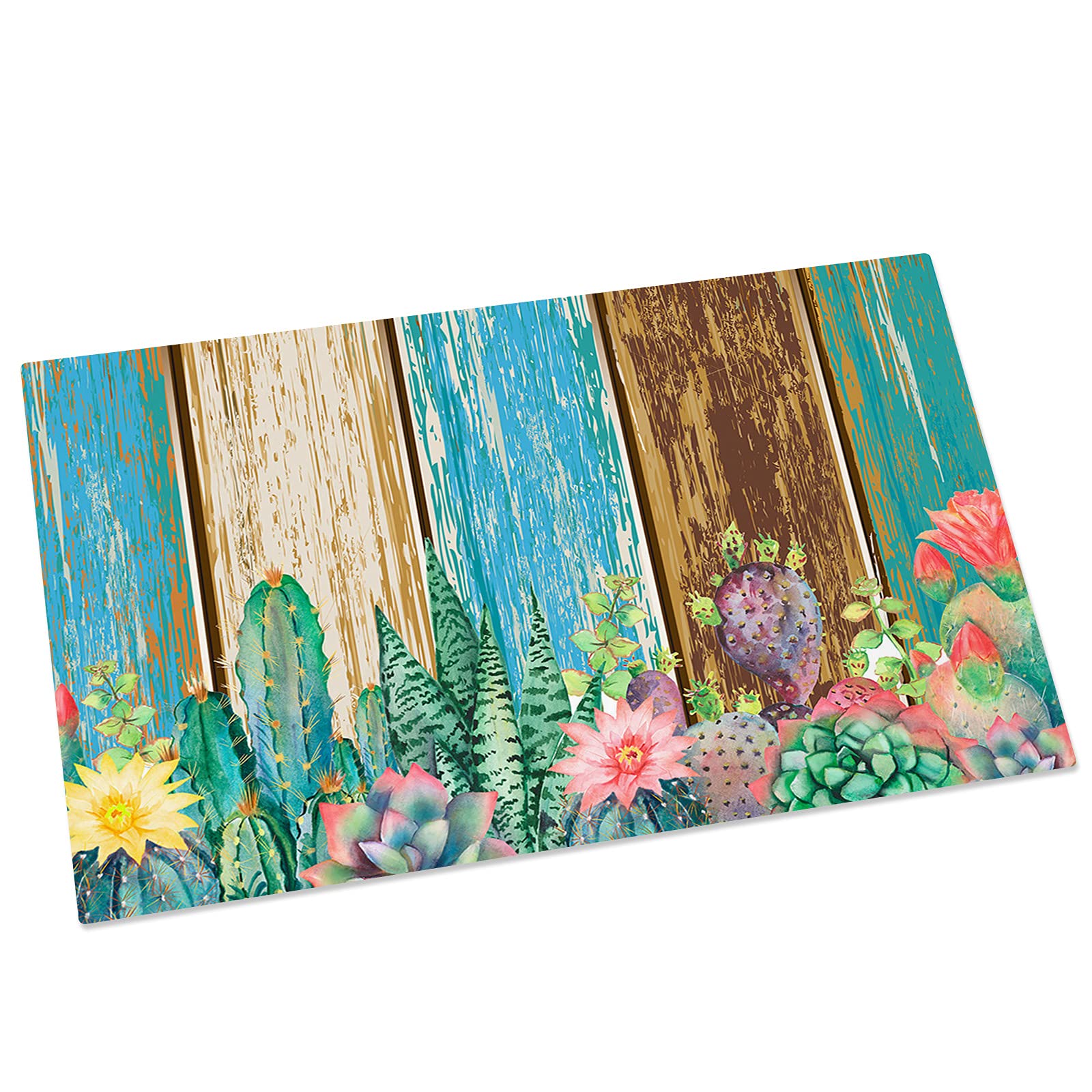 OneHoney Summer Cactus Colorful Flowers Non-Slip Doormat - Watercolor Teal Brown Wood Grain Thin Low Profile Entrance Mat for Kitchen, Bathroom & Front Door - Perfect for Home Decor and High Traffic Areas