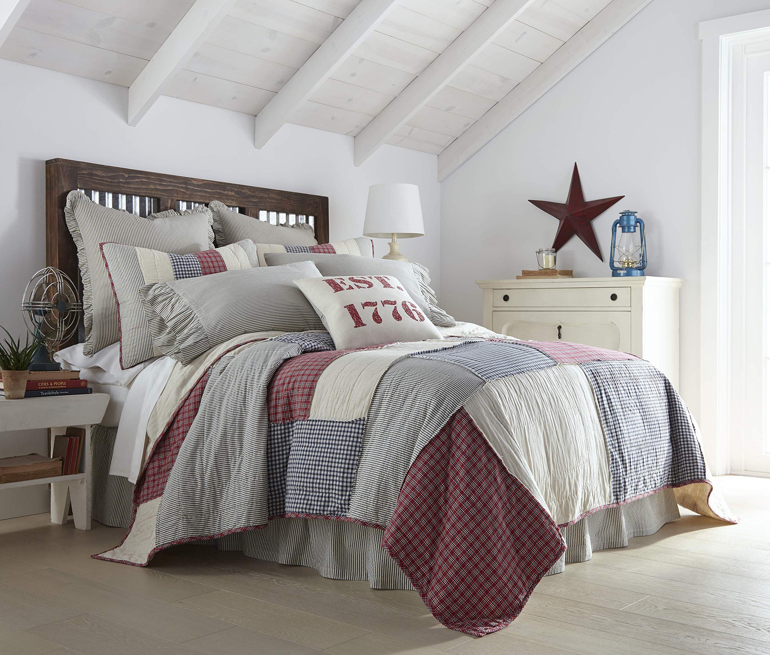 VHC Brands Hatteras Patch Patchwork Flax Cotton Linen Blend Bedding Set - Pre-Washed California King Quilt 130x115 Inches, Americana Red - Perfect for Farmhouse, Coastal & Rustic Home Decor