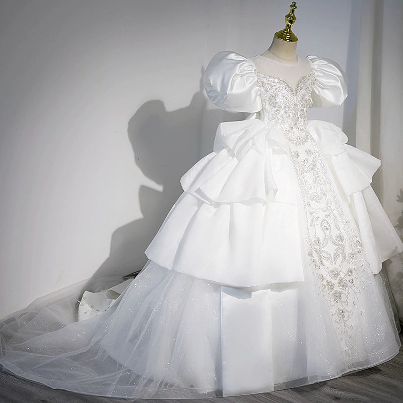 Elegant White Princess Round Floor Length Satin Flower Girl Dress for Weddings & Special Occasions