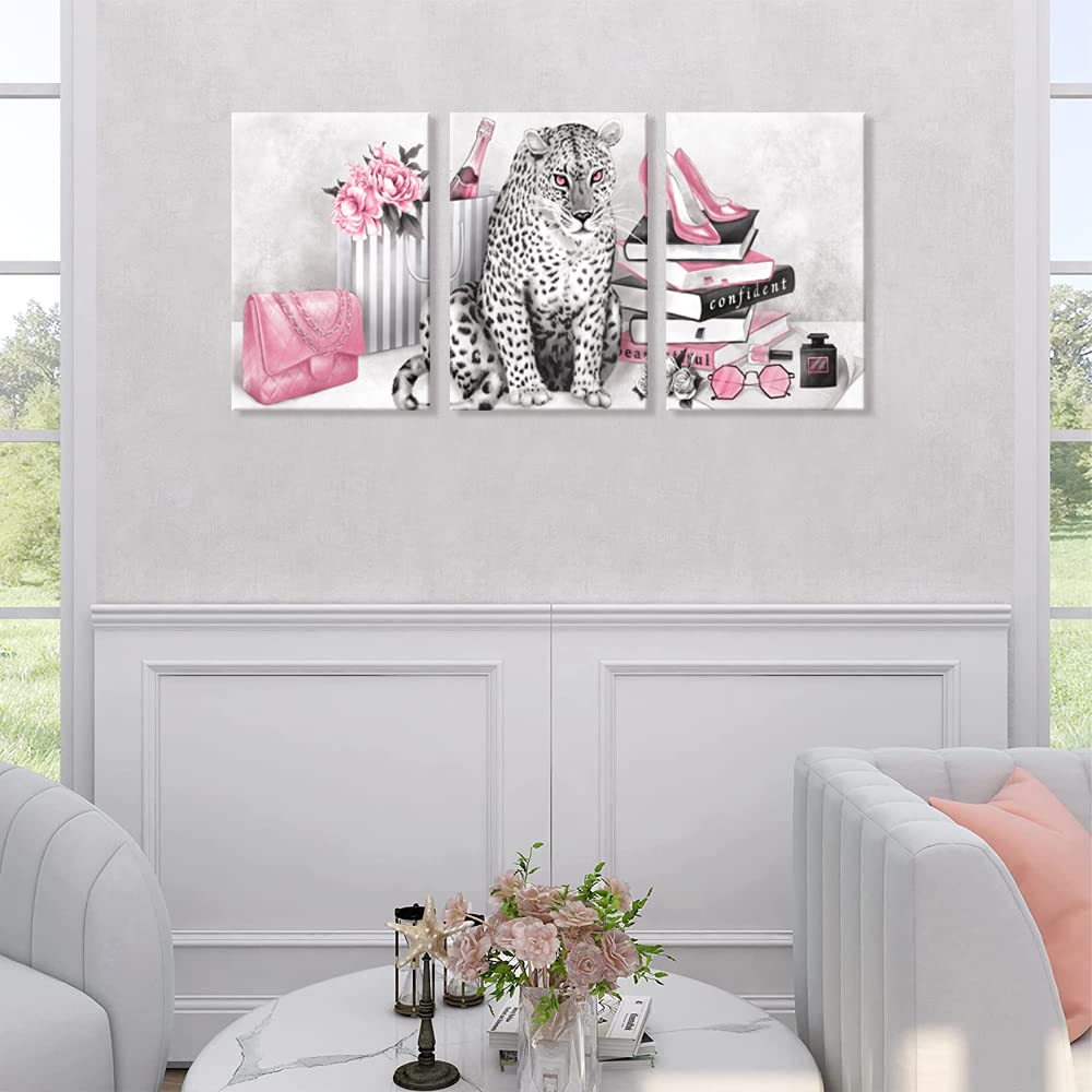 Pink Leopard Cheetah Framed Canvas Wall Art - 3 Piece Set (16x20 Inches) Ready to Hang - Glam Fashion Bedroom Decor for Women - Perfect for Home, Office & Gift Giving