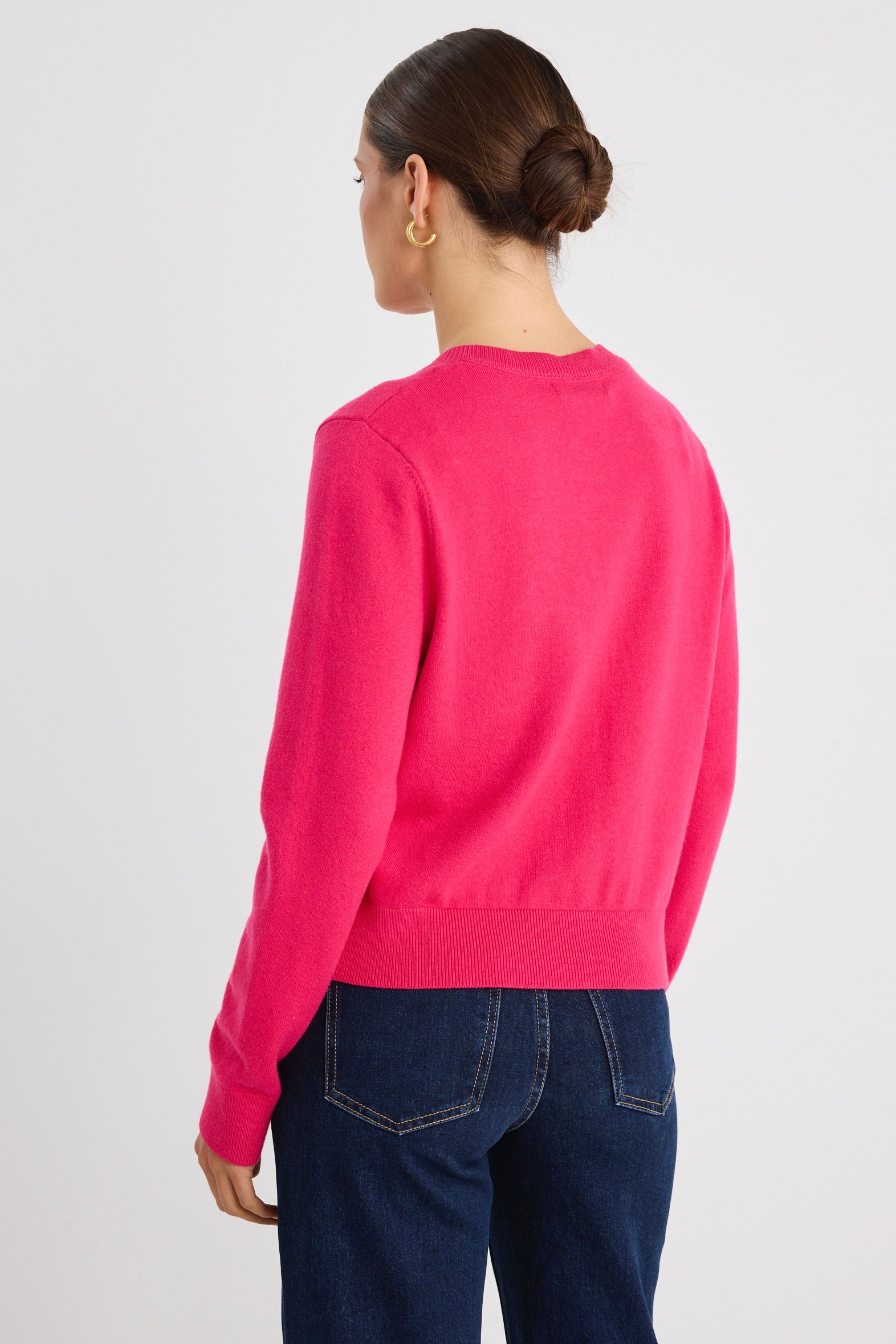 Luxury Hot Pink Cashmere Blend Crewneck Cardigan for Women - Soft & Warm Knit Sweater - Perfect for Office, Date Night & Fall Layering