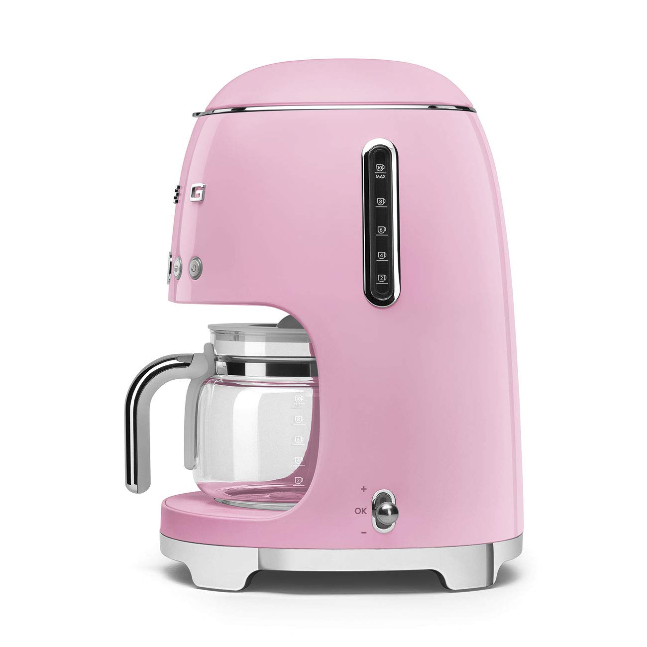 Smeg Retro 50's Style Drip Coffee Maker - 10 Cup Glass Carafe, Auto Start, Keep Warm Plate & Adjustable Brew Strength (Pink) | Perfect for Home Kitchen, Office Breakroom & Vintage Coffee Lovers