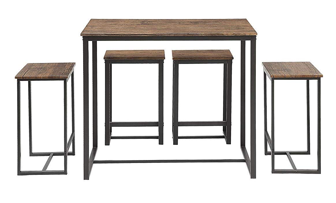 Modern 5-Piece Kitchen Dining Table Set with 4 Stools - Walnut Finish Tall Counter Height Table for Contemporary Home - Perfect for Small Spaces, Breakfast Nooks & Open Concept Living Areas