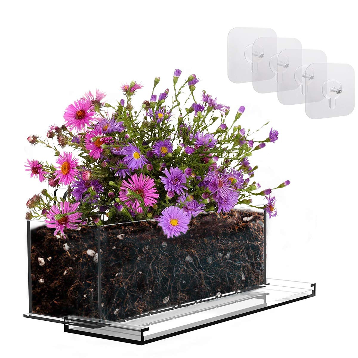 12 Inch Window Planter Box with Drainage Holes, Saucer & Suction Cups - Indoor Herb Garden, Flower Pots for Windowsill, Balcony, Kitchen Decor (White)