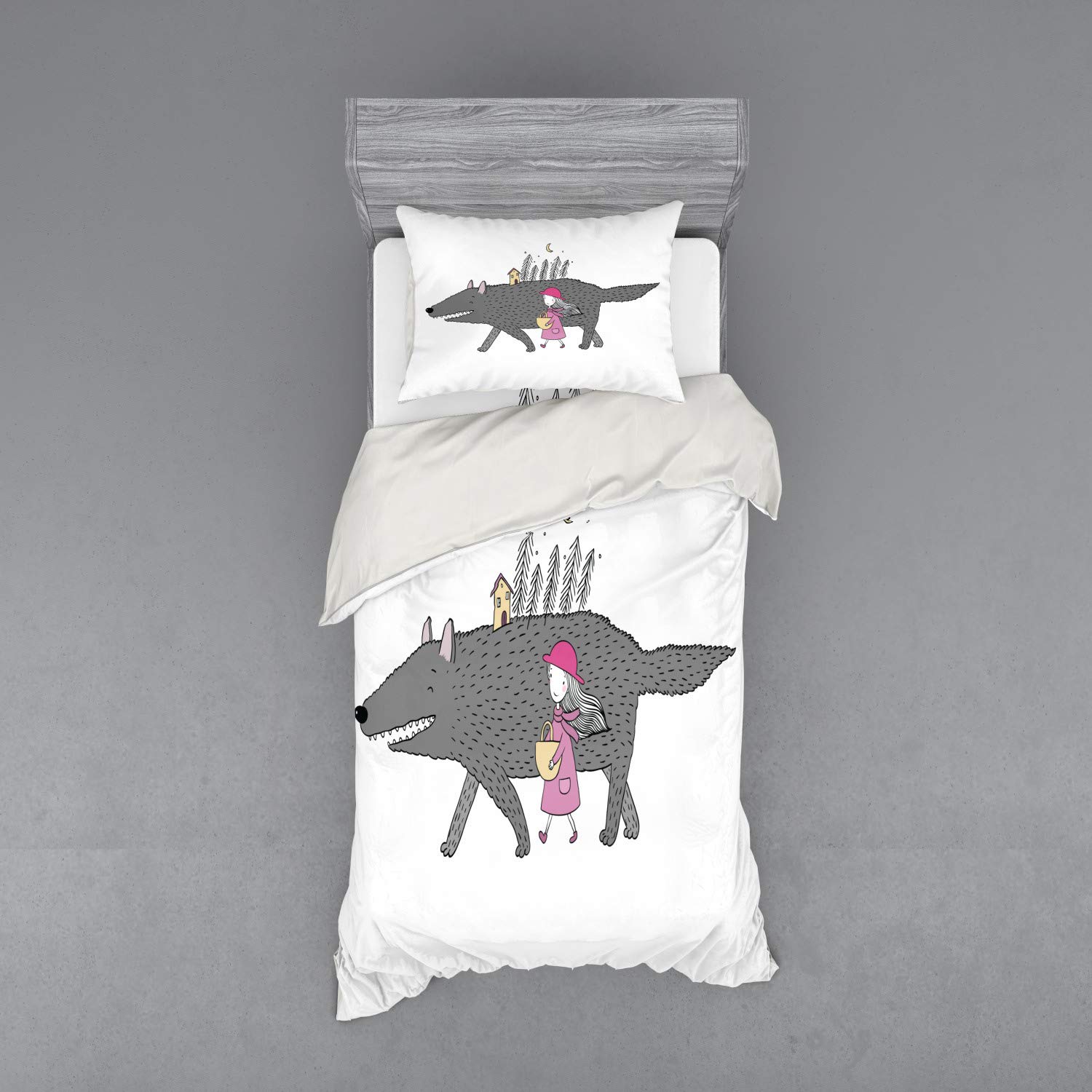 Ambesonne Fantasy Twin Size 3-Piece Duvet Cover Set - Pink Grey Peach Bedding with Girl in Pink Dress & Giant Wolf in Fir Forest Design, Includes Sham & Fitted Sheet | Perfect for Kids' Rooms, Fantasy Themed Bedrooms & Cozy Winter Decor