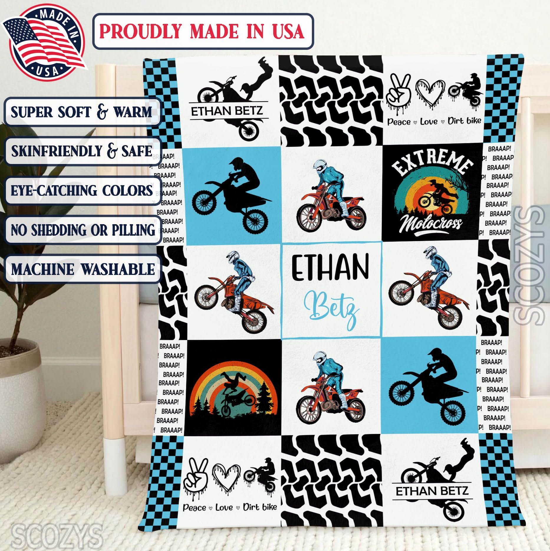 Custom Dirt Bike Motocross Fleece Blanket - Super Soft Plush Throw for Bed, Sofa & Couch - Personalized Motorcycle Rider Gift for Kids & Baby Boys - 60x80 Inch Cozy Blanket - Perfect for Bedroom Decor, Racing Enthusiasts & Motorbike Lovers