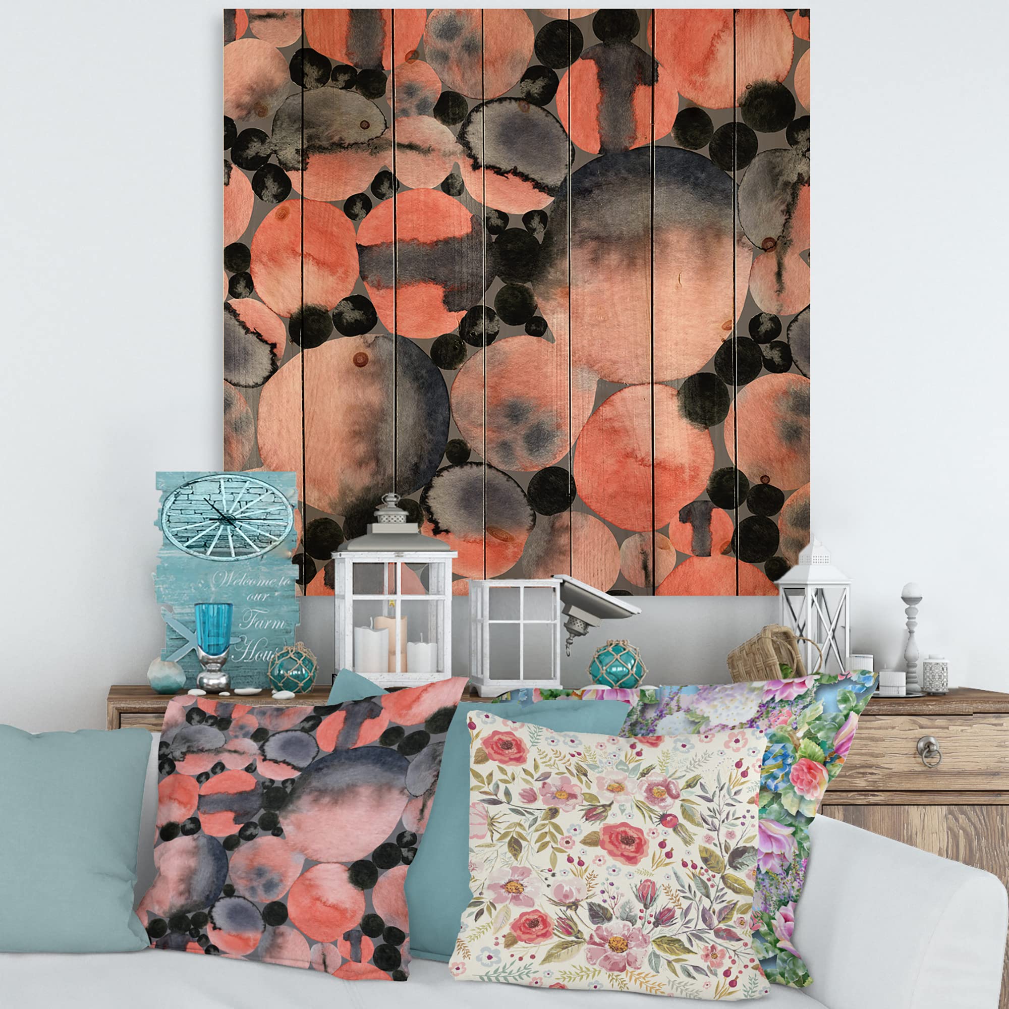 DesignQ Abstract Geometric Polka Dots Modern Wood Wall Art - Orange Contemporary Wood Wall Decor - Large Natural Pine Wood Wall Panels - Perfect for Living Room, Bedroom & Office Decor