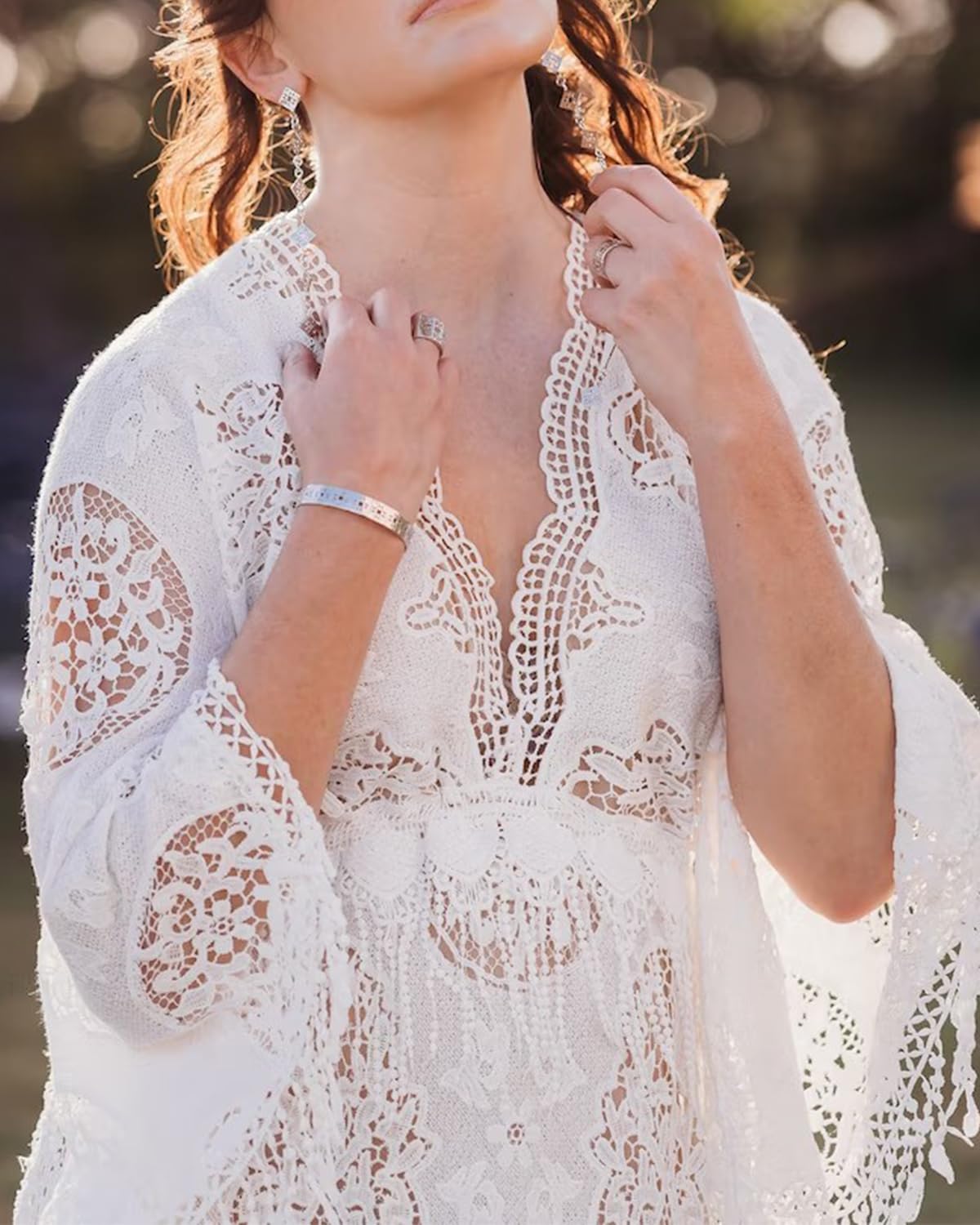 Boho Lace Wedding Dress V-Neck Long Sleeve Beach Bridal Gown with Train - Perfect for Beach Weddings, Boho Chic Ceremonies & Romantic Outdoor Vows