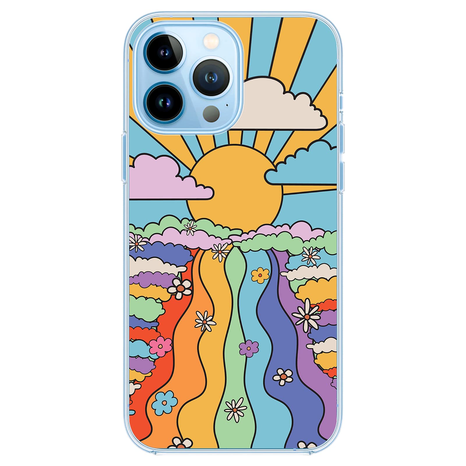 Blingy's iPhone 13 Pro Max Case (6.7 inch) - Retro Rainbow Psychedelic TPU Protective Cover with Scenic Landscape Design | Perfect for Music Festivals & Boho Lifestyle
