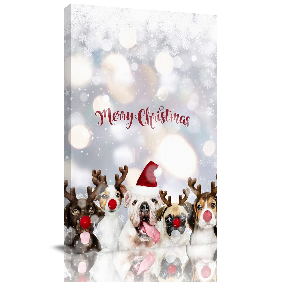 Christmas Wall Art Canvas - Merry Cute Dogs Snow Scene Framed Painting Print 24x36 Inches - Perfect for Bedroom, Bathroom & Home Decor | Holiday Gift Idea & Seasonal Interior Design