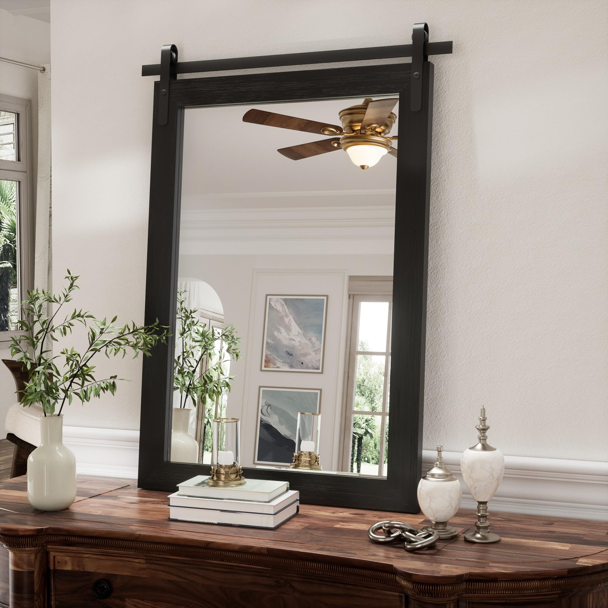 18x26 Inch Black Farmhouse Wall Mirror - Wood Framed Square Bathroom Vanity Mirror with Barn Door Style, Vertical Wall Mounted Dresser Decor for Living Room, Bedroom & Bathroom - Perfect for Farmhouse, Rustic & Modern Home Decor
