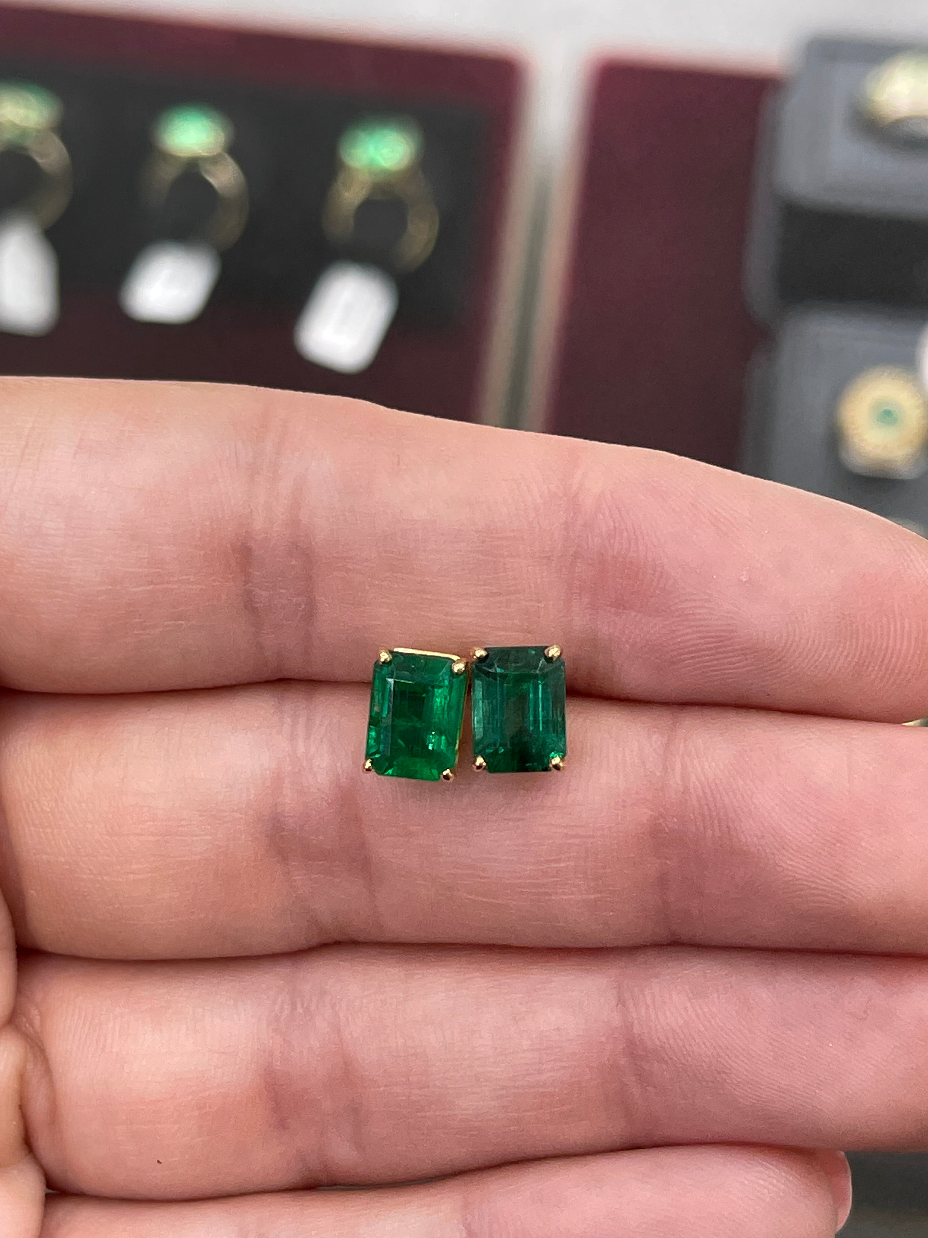 AAA 5.0TCW Vivid Dark Forest Green Emerald Cut Solitaire Stud Earrings in Solid 18K Gold - Perfect for Weddings, Parties & Special Occasions