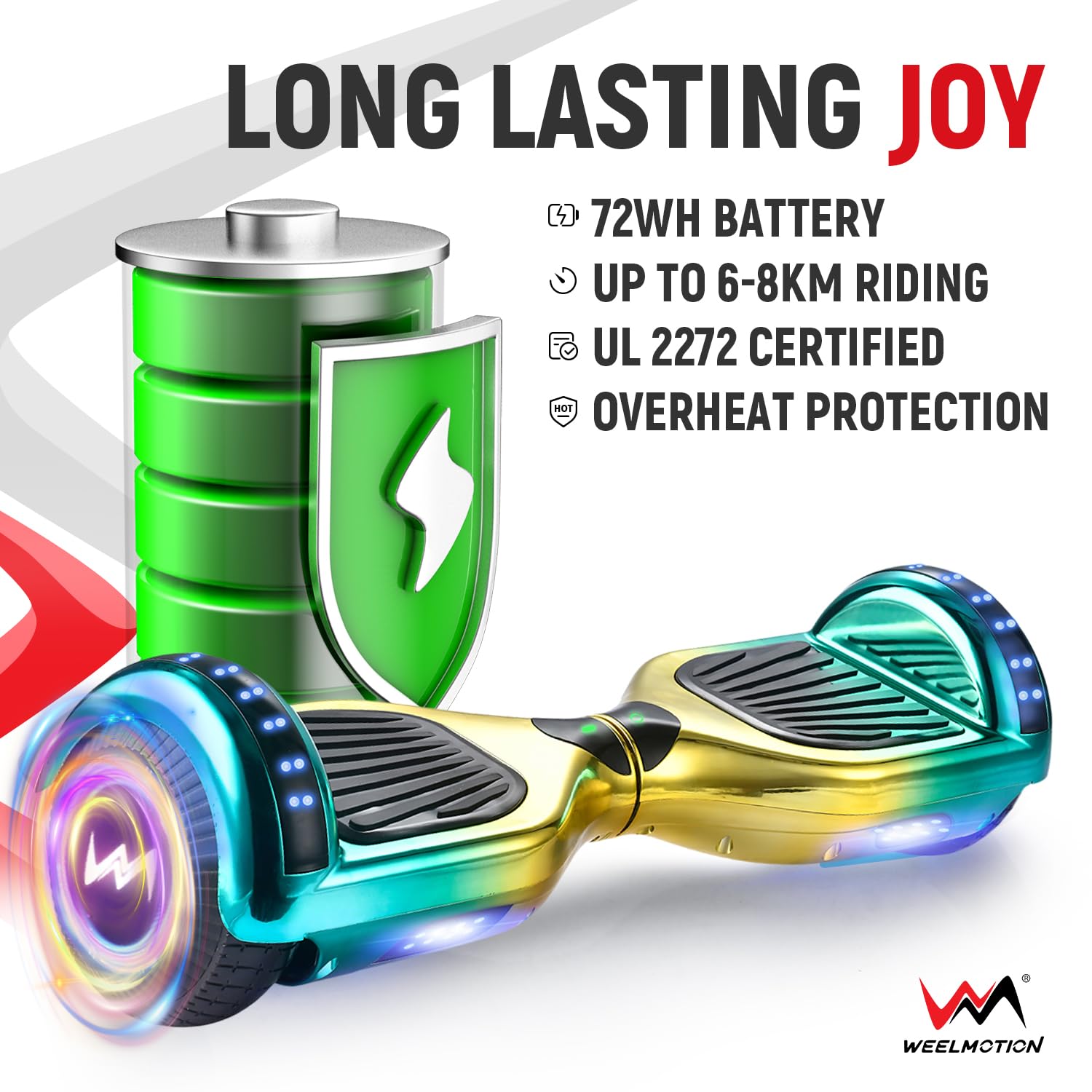 WEELMOTION Chrome Lemon Hoverboard - 6.5 Inch LED Light Up Wheels with Bluetooth Speaker & Vibration Effects, UL2272 Certified (Includes Free Carry Bag) - Perfect for Kids & Teens Outdoor Fun, Commuting, and Birthday Gifts