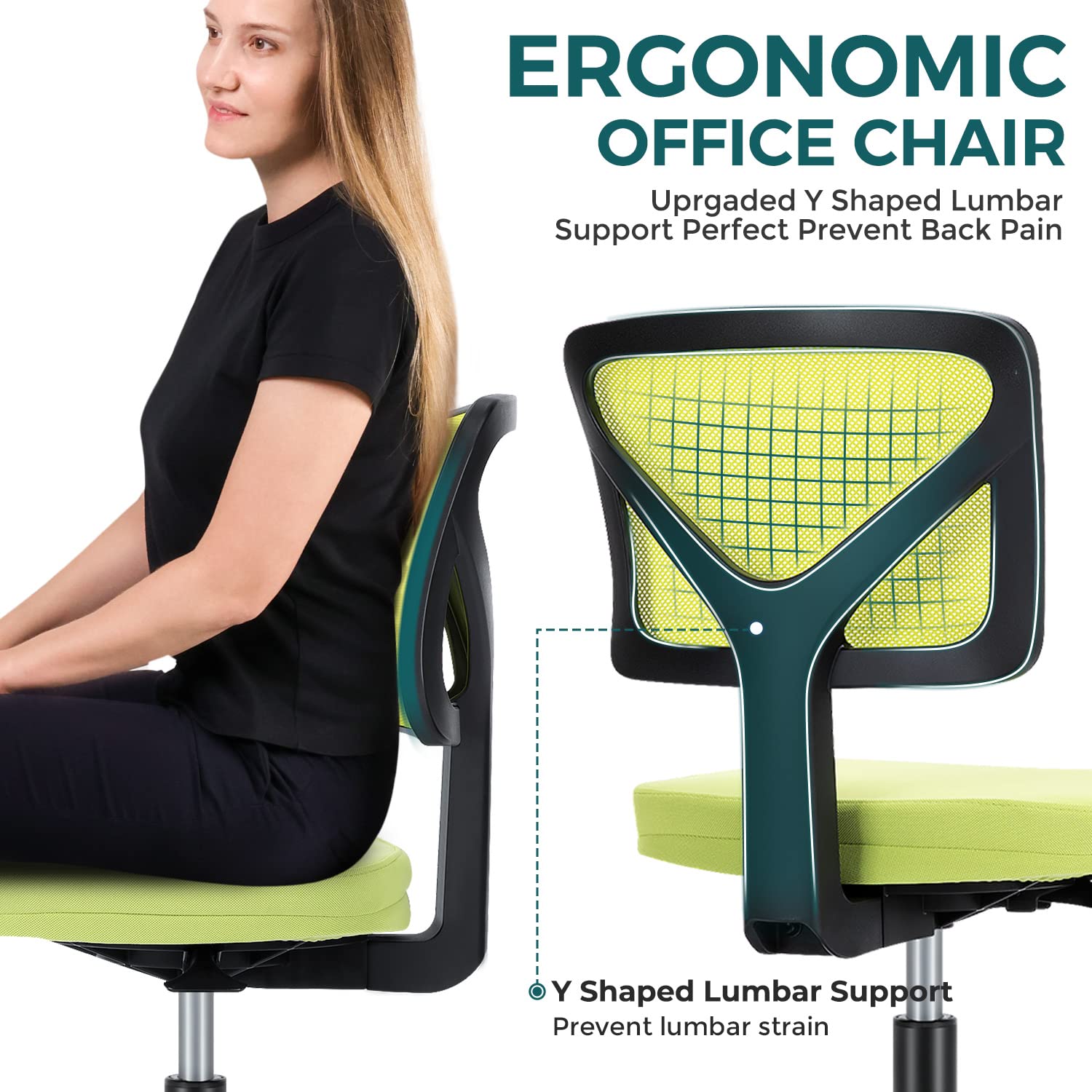 Ergonomic Armless Desk Chair with Wheels - Adjustable Swivel Rolling Task Chair for Home Office, Mesh Mid Back Computer Work Vanity Seat - Compact Design for Small Spaces (Green) - Perfect for Home Office, Gaming & Study Rooms
