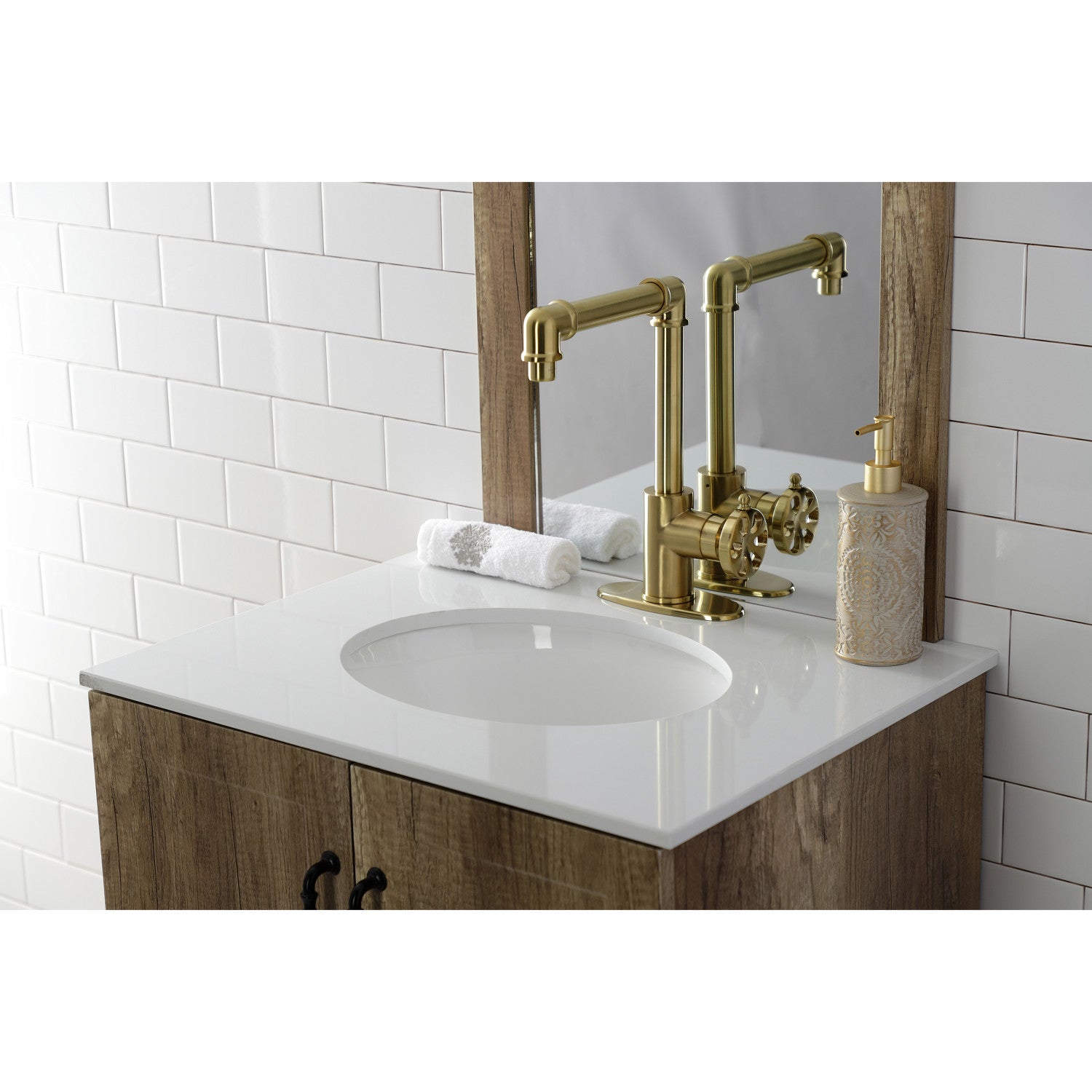 Belknap KSD144RXBB Single Handle Bathroom Faucet with Deck Plate & Push Pop-Up Drain - Brushed Brass Finish for Sink Vanity or Powder Room