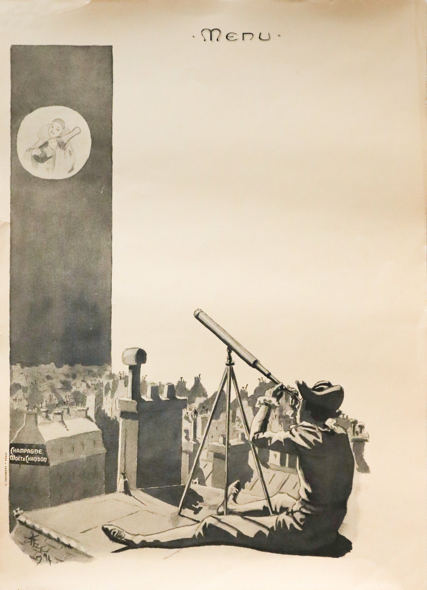 Vintage 1910s French Menu with Champagne Moet & Chandon - Antique Telescope Illustration - Perfect for Home Decor, Wine Tasting & Vintage Collectors