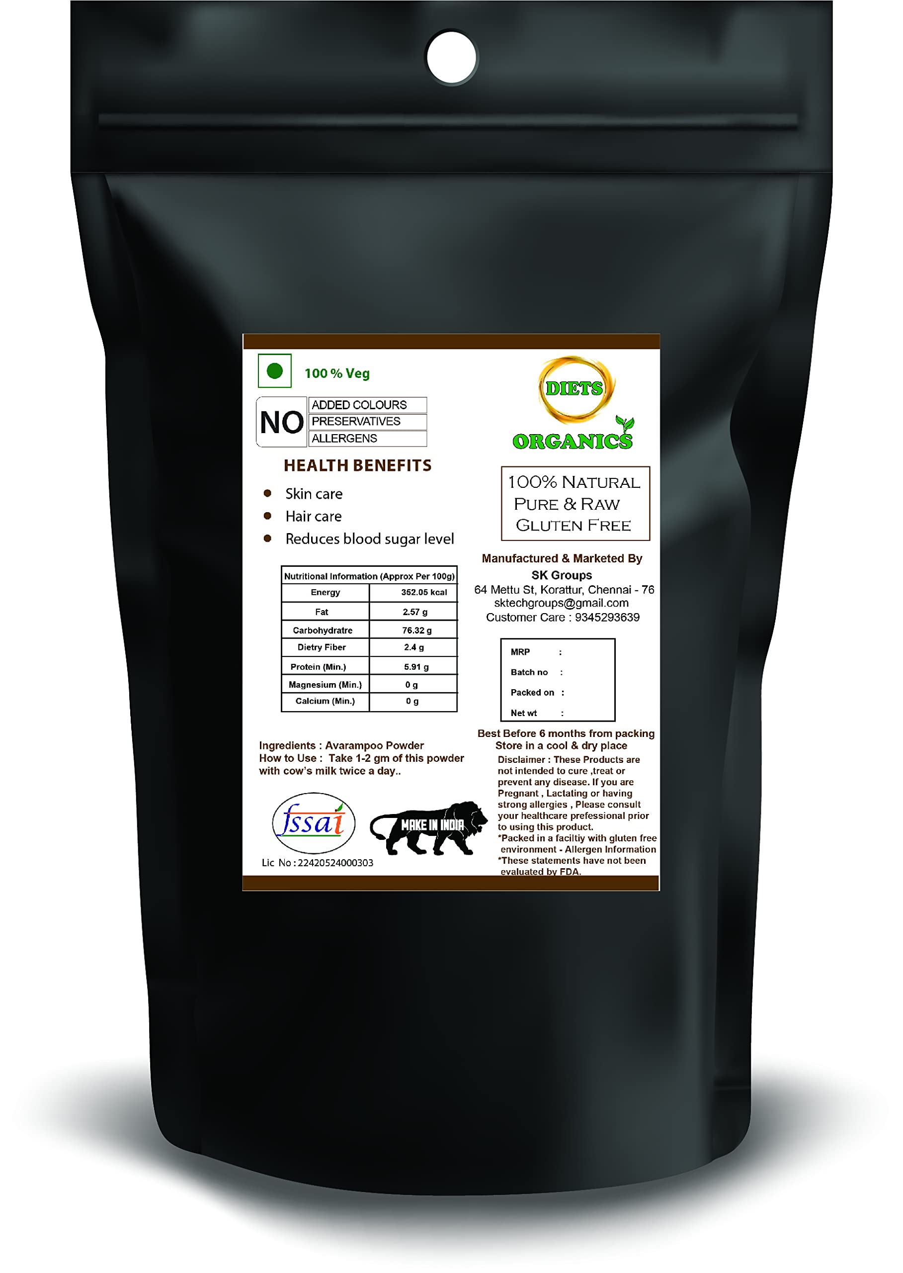 DIETS ORGANICS Avarampoo Powder (Aavartaki/Tarwarm Powder) - 200g | Natural Hair Care & Scalp Treatment for Shine & Growth | DIY Hair Masks & Ayurvedic Remedies