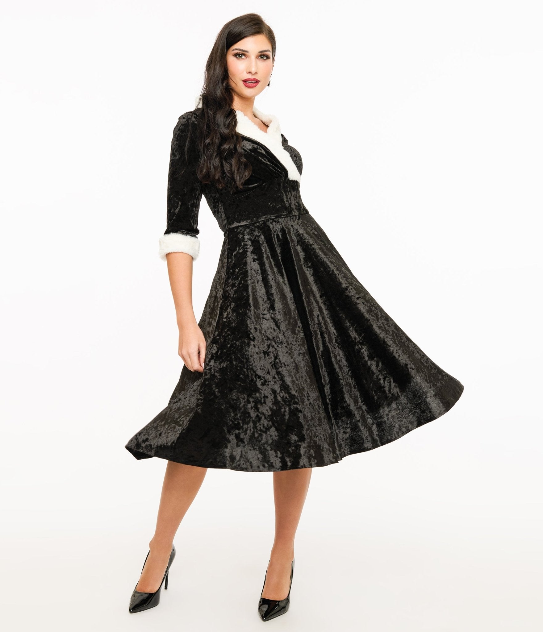 Vintage 1950s Black Crushed Velvet Swing Dress with White Fur Trim - Retro Pinup Style for Parties, Weddings & Special Occasions