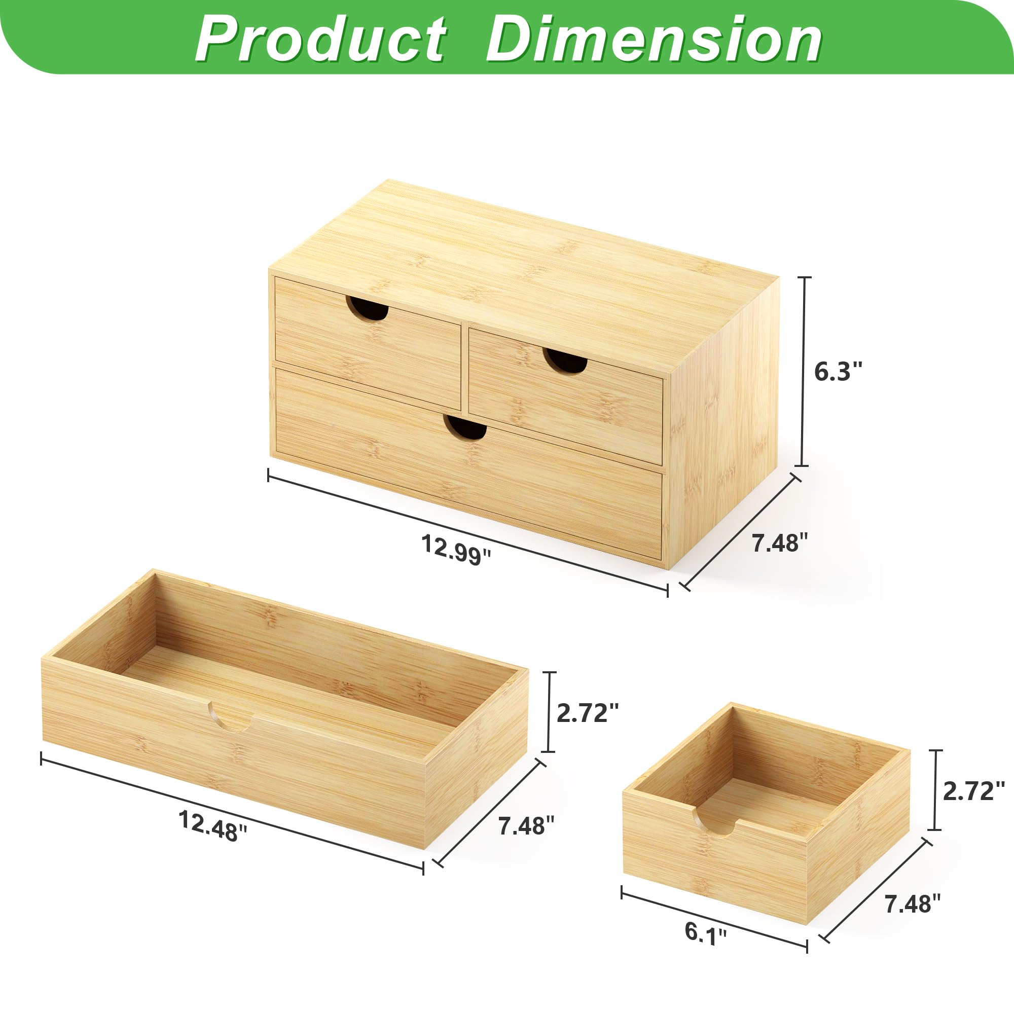 Bamboo Desk Organizer with Drawers - Small Desktop Storage Container for Home Office, Countertop & Tabletop Organization - No Assembly Required - Perfect for Pens, Paper Clips, Sticky Notes & Office Supplies