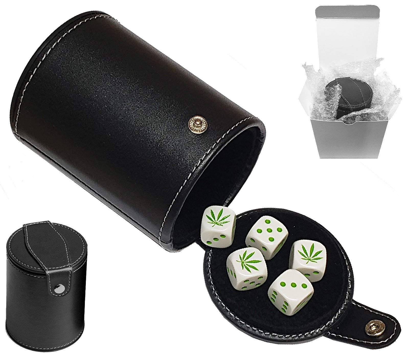 Premium PU Leather Dice Cup Set with Storage - 5 x 16mm Rounded Corner Dice for Tabletop Games, Poker Nights & Cannabis-Themed Parties - Black Felt Lined Gift Box (Perfect for D&D, Board Games & Social Gatherings)
