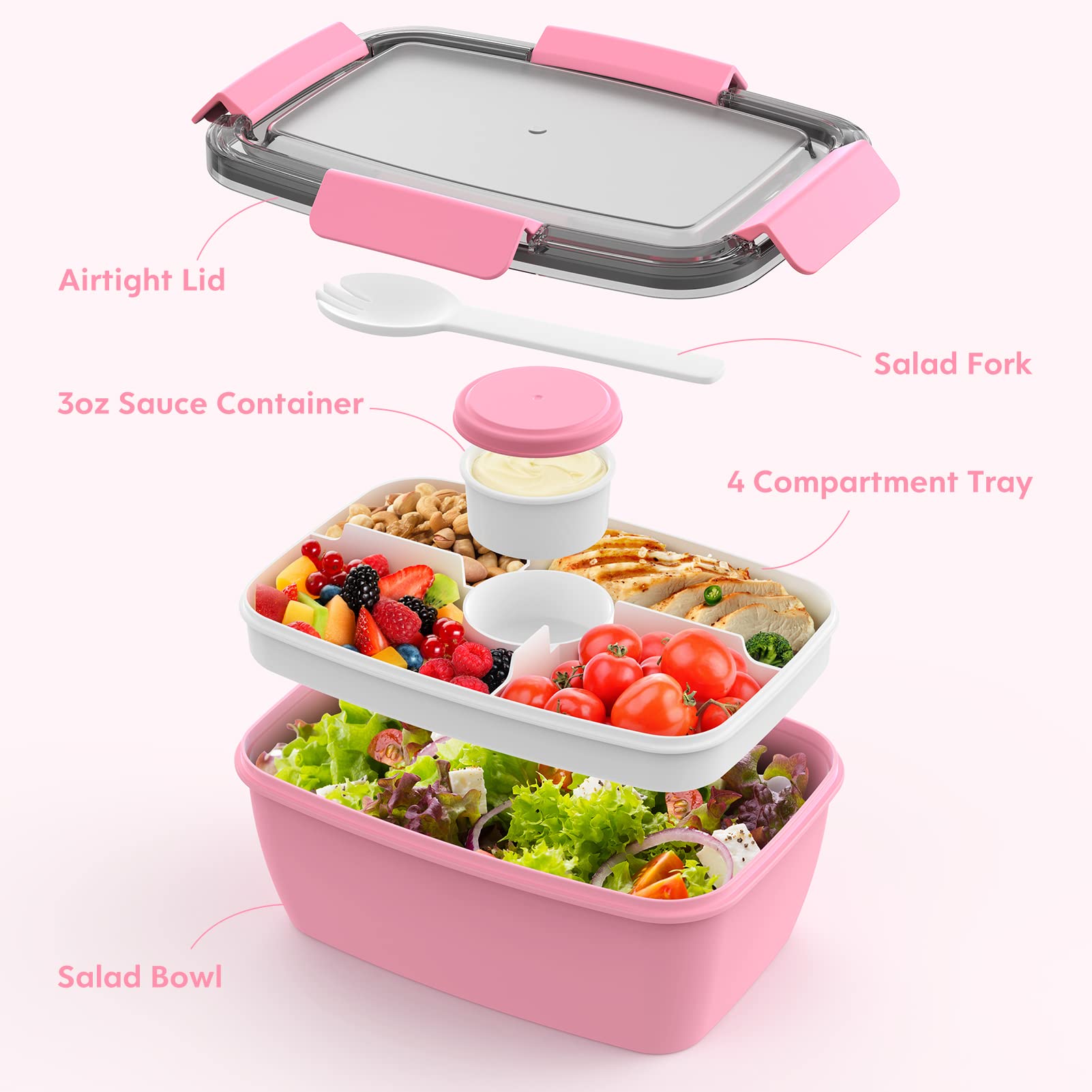 Cherrysea 2-Pack 68oz BPA-Free Salad Lunch Container with 4 Compartments & Leak-Proof Lid - Includes Fork & Sauce Container for Dressings - Perfect for Office Lunch, Meal Prep, Picnics & Healthy Eating (Pink)