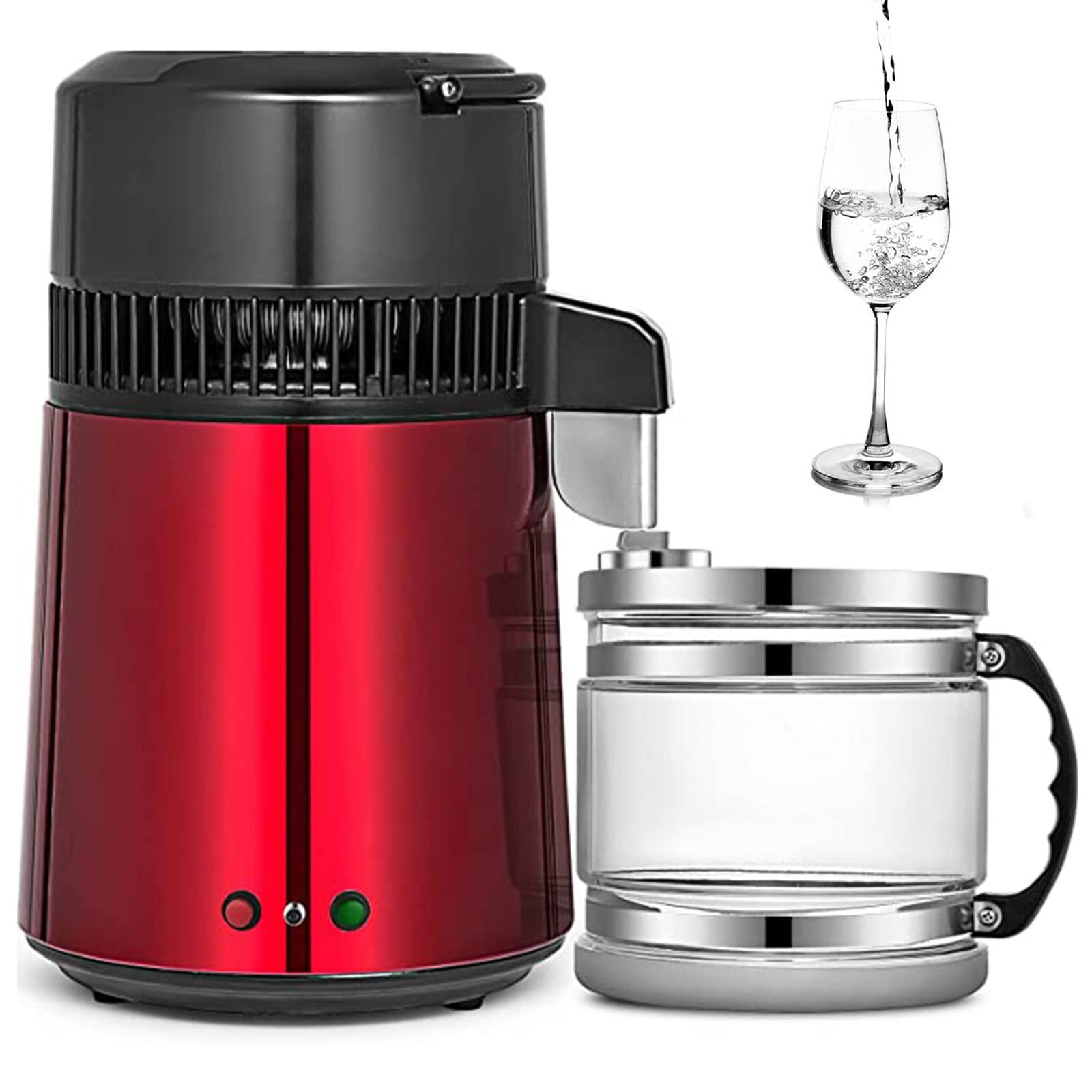 XYEJL 4L Pure Water Distiller - 750W Stainless Steel Countertop Water Purifier with Internal Filter | Home Distilled Water Machine for Drinking, Cooking & Baby Formula | Red