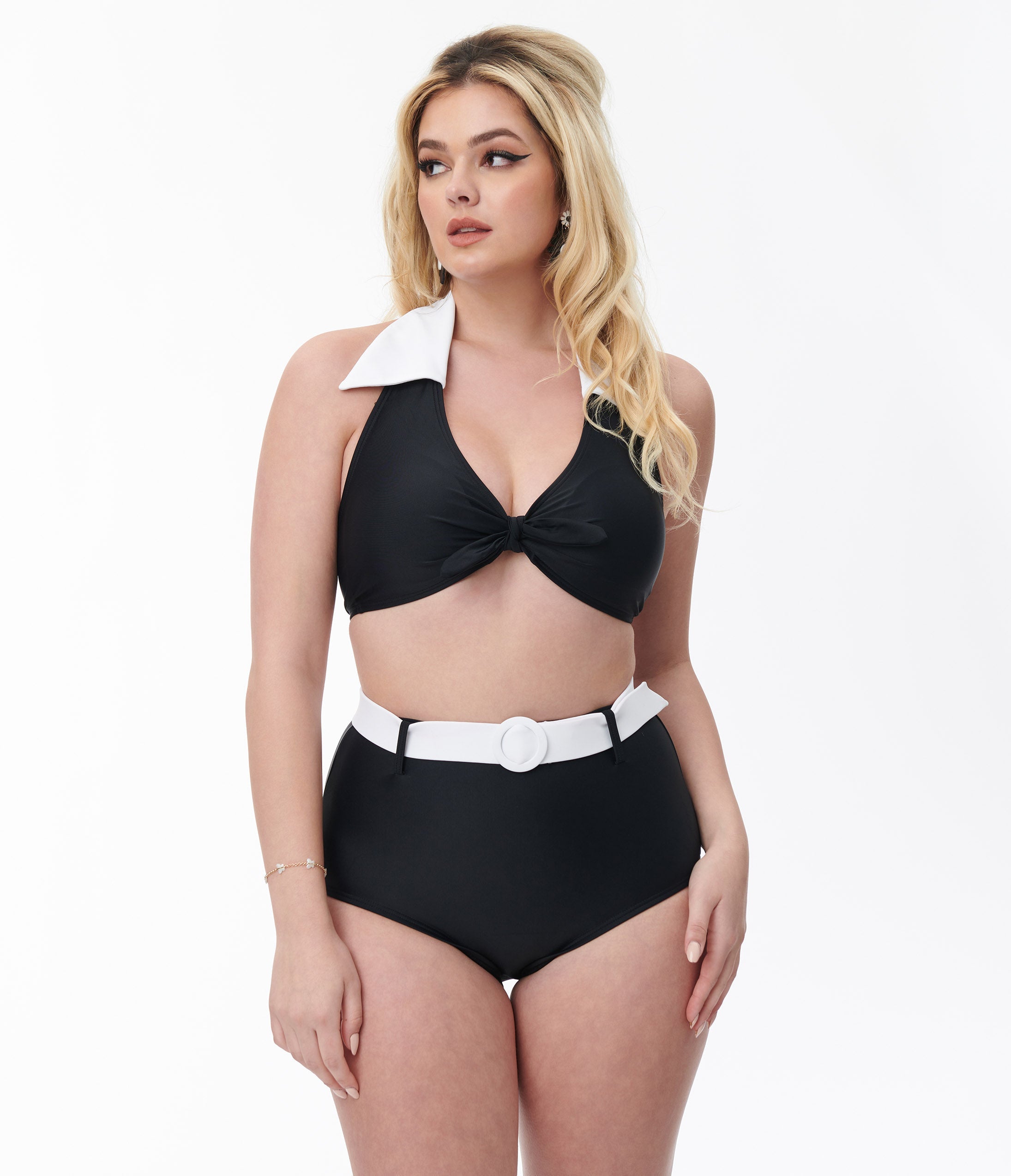 Vintage Black & White Halter Swim Top - Retro High Neck Bikini Top for Women, Beach & Pool Party, Summer Vacation Swimwear