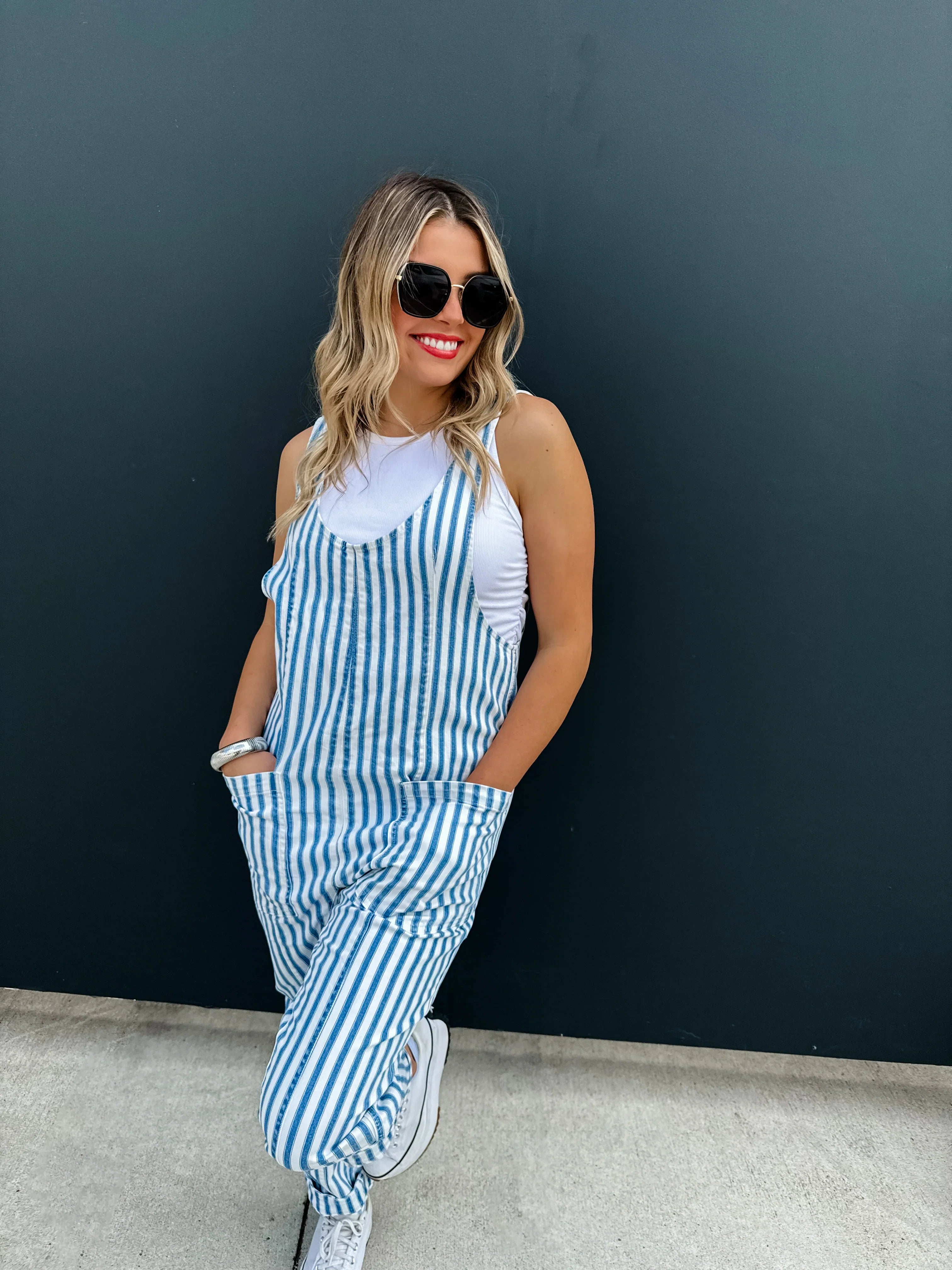 Blue Stripe Britte Romper Overalls for Women - Cute Denim Jumpsuit with Adjustable Straps | Perfect for Summer Outfits, Casual Wear & Outdoor Activities