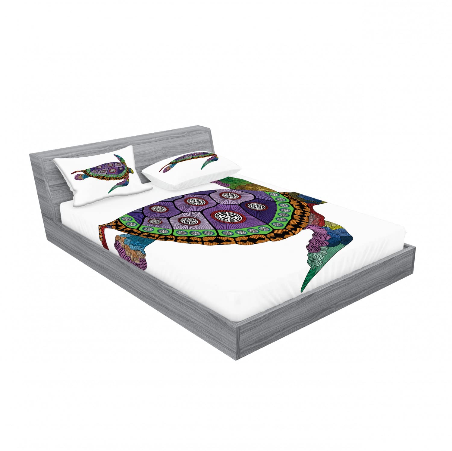 Ambesonne Psychedelic 2-Pack Queen Size Fitted Sheet & Pillow Sham Set - Sea Turtle Animal Print Bedding Decor (4-Piece Set: 2 Fitted Sheets + 4 Pillow Covers) in Vibrant Purple, Orange & Pink - Perfect for Beach House, Boho Bedroom & Tropical Themed Decor