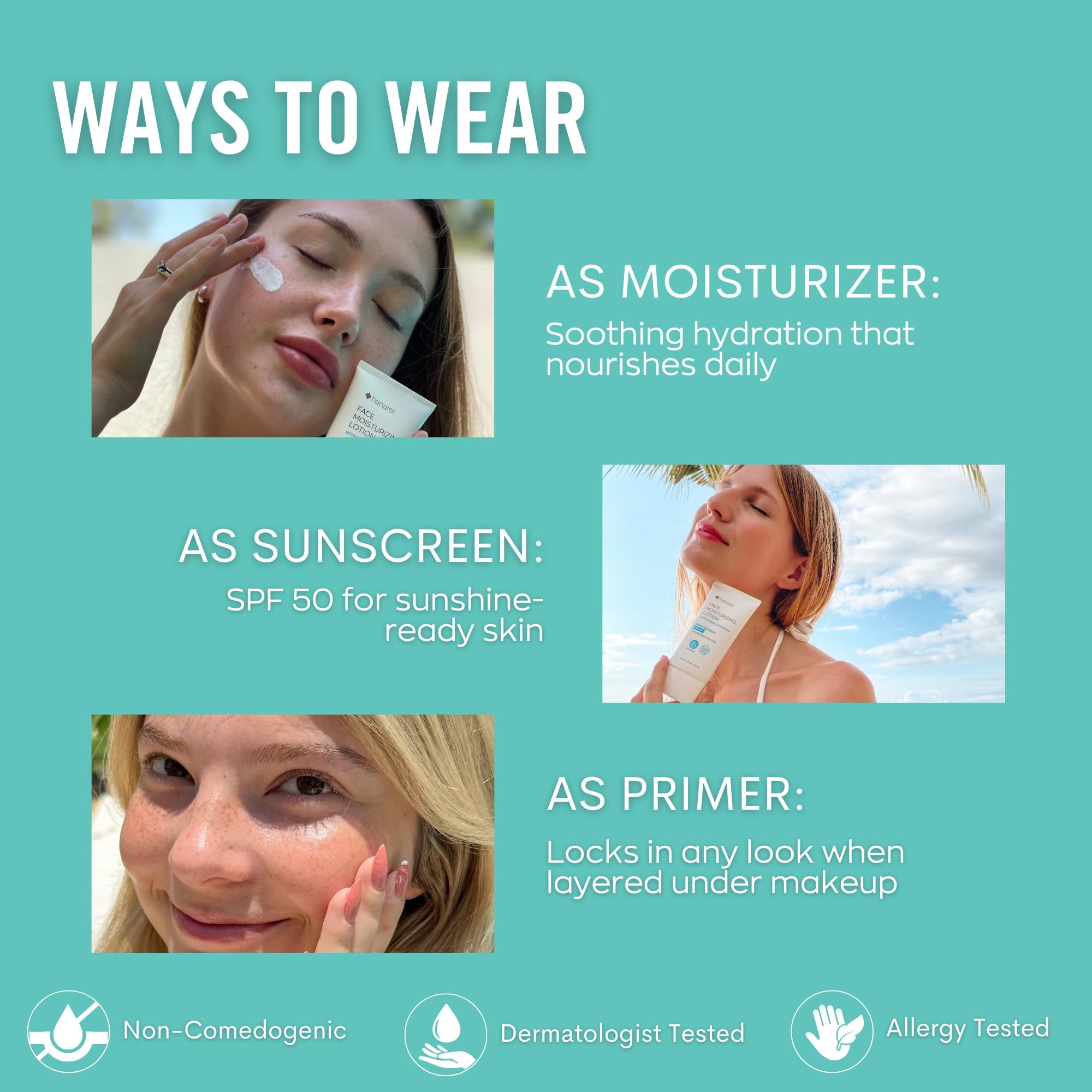 Hanalei SPF 50 Face Moisturizer with Zinc Oxide - Vegan, Reef-Safe Sunscreen for Sensitive Skin | No White Cast, Invisible Protection | 3-in-1 Hydrating Makeup Primer (1.7 oz) | Perfect for Daily Use, Beach Days & Outdoor Activities