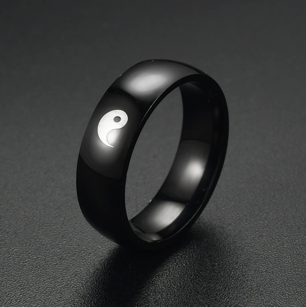 6mm Black & Silver Yin Yang Tai Chi Couple Rings for Men & Women - Matching Stainless Steel Band Set for Boyfriend, Girlfriend, Best Friends - Perfect for Meditation, Martial Arts & Spiritual Gifts