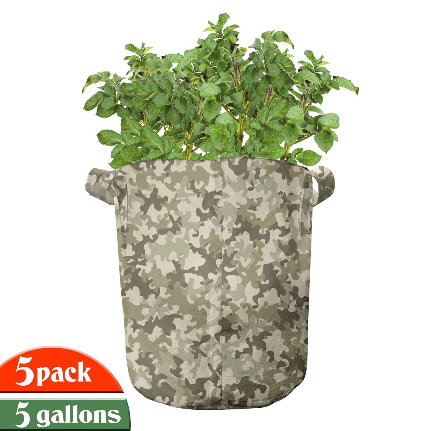 Ambesonne Camouflage Grow Bags 5-Pack - Heavy Duty Fabric Plant Pots with Handles, Pale Green & Yellow Clothing Motif - Perfect for Indoor/Outdoor Gardening, Vegetables, Flowers & Herbs