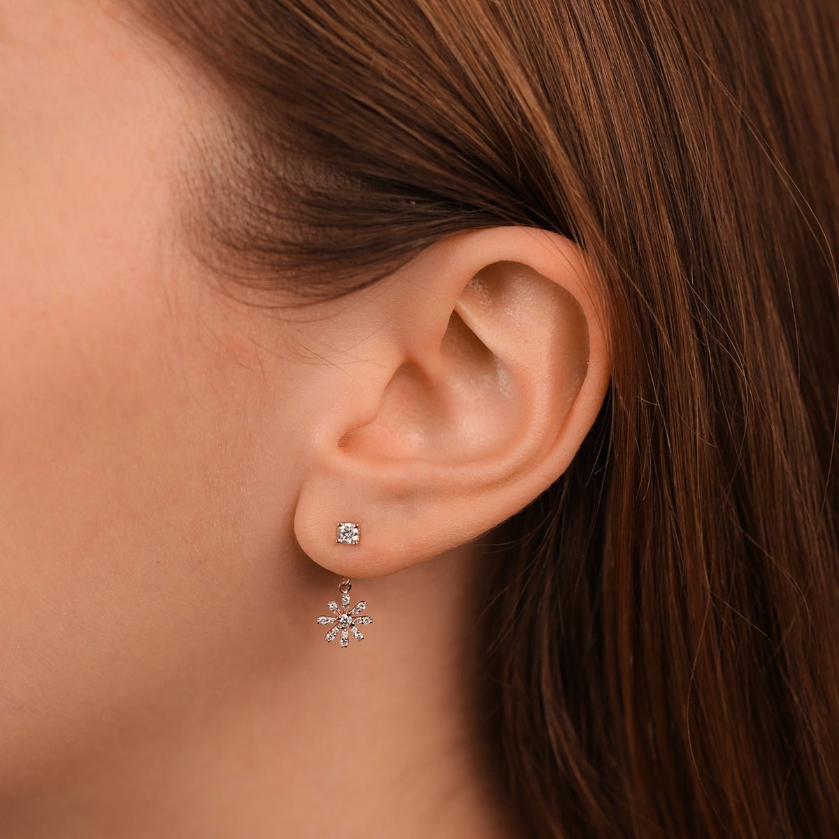 14K Rose Gold Diamond Flower Ear Jackets and Studs - Elegant Dangle Earrings for Women - Perfect for Weddings, Parties & Everyday Wear