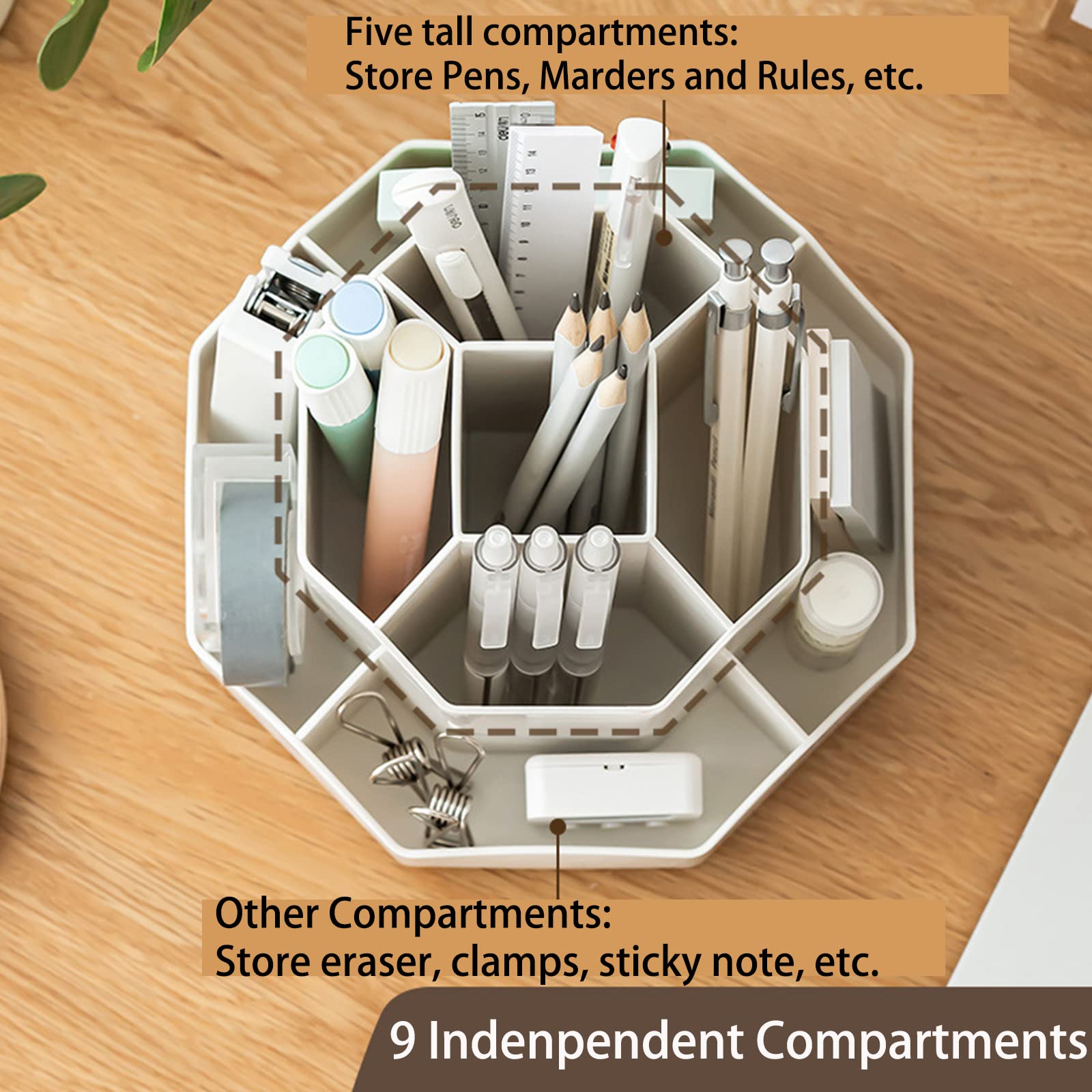 360° Rotating 9-Slot Pencil Pen Holder for Desk - Beige Office & Home Organizer for Stationery, Art Supplies | Perfect for School, Work & Crafting