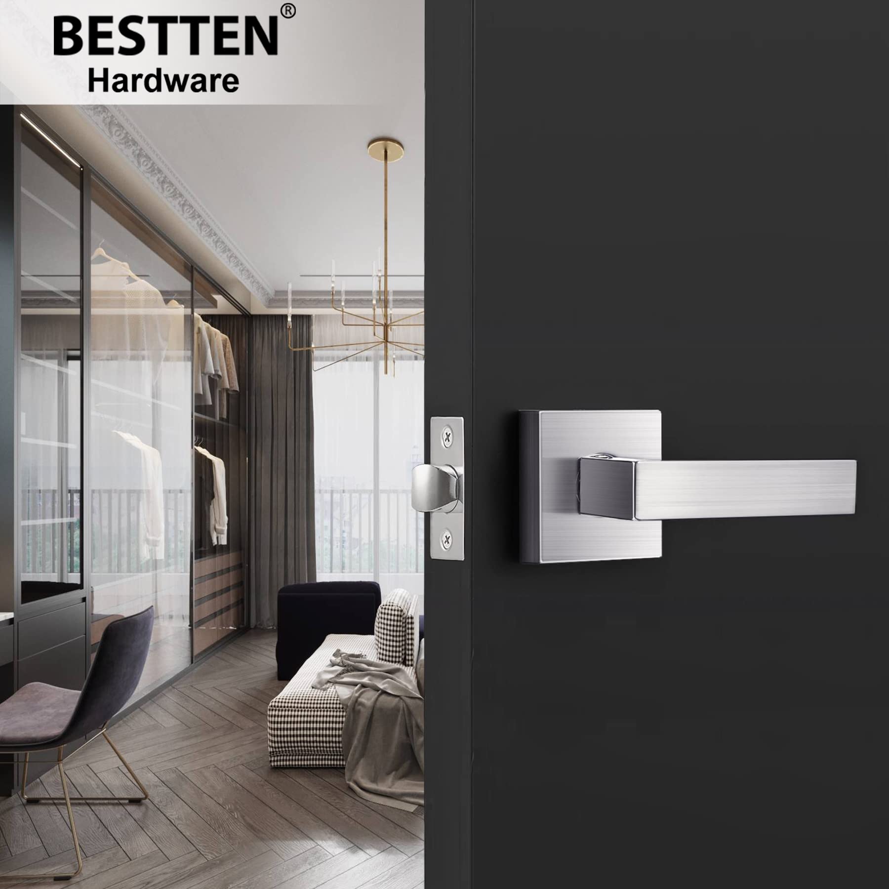 BESTTEN 3-Pack Square Passage Door Lever No Key - Heavy Duty Interior Door Handle for Hallway Closet & Bedroom - Monaco Series Satin Chrome Finish with Removable Latch Plate - Perfect for Residential Homes, Apartments and Office Spaces