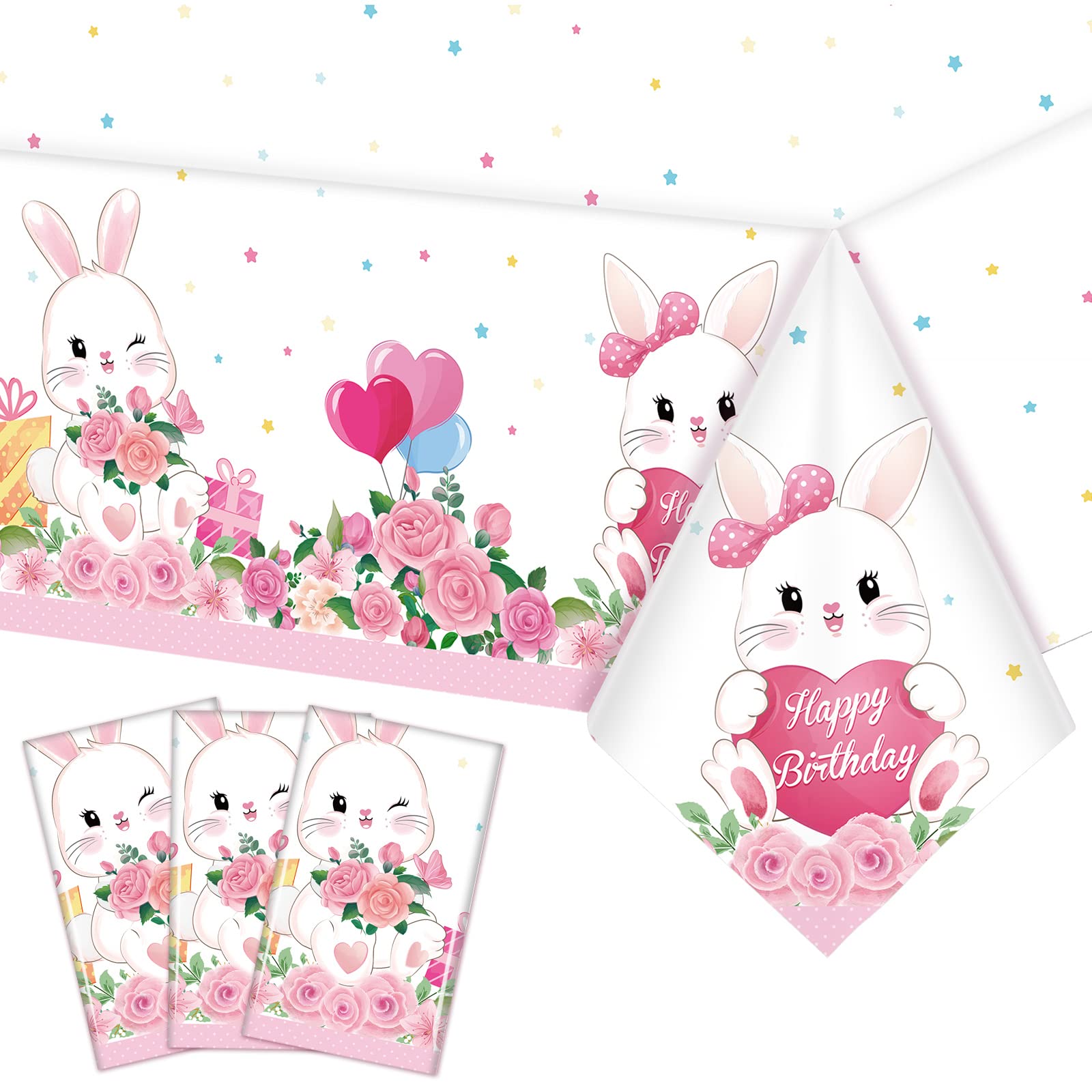 Jecery 3 Pack Easter Bunny Party Tablecloths - Pastel Floral Plastic Table Covers for Spring Birthday, Baby Shower & Girls Party Decorations - Perfect for Easter Celebrations, Birthday Parties & Baby Showers